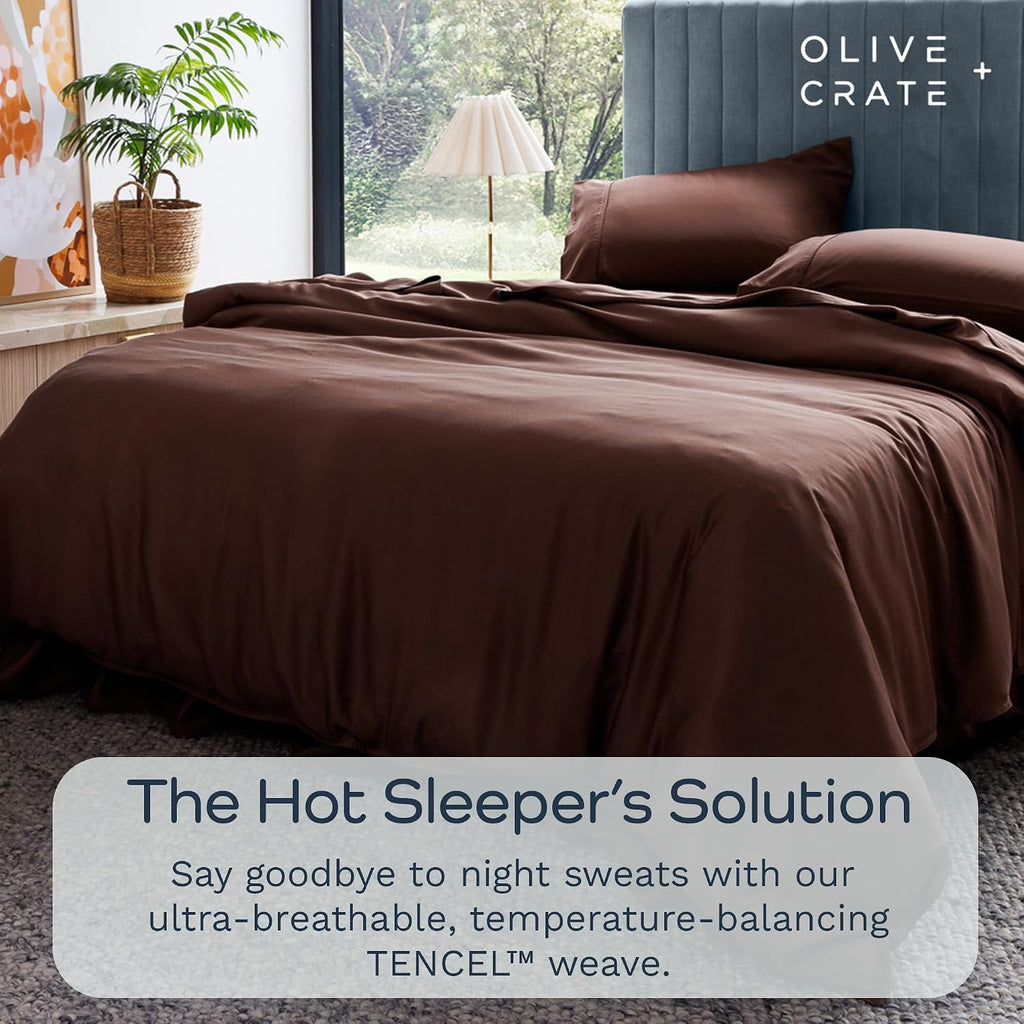 Olive + Crate Queen Size Tencel Duvet Cover Set - Hypoallergenic, Cooling Eucalyptus Duvet Cover for Hot Sleepers with Two Pillowcases - Cacao 3-Piece