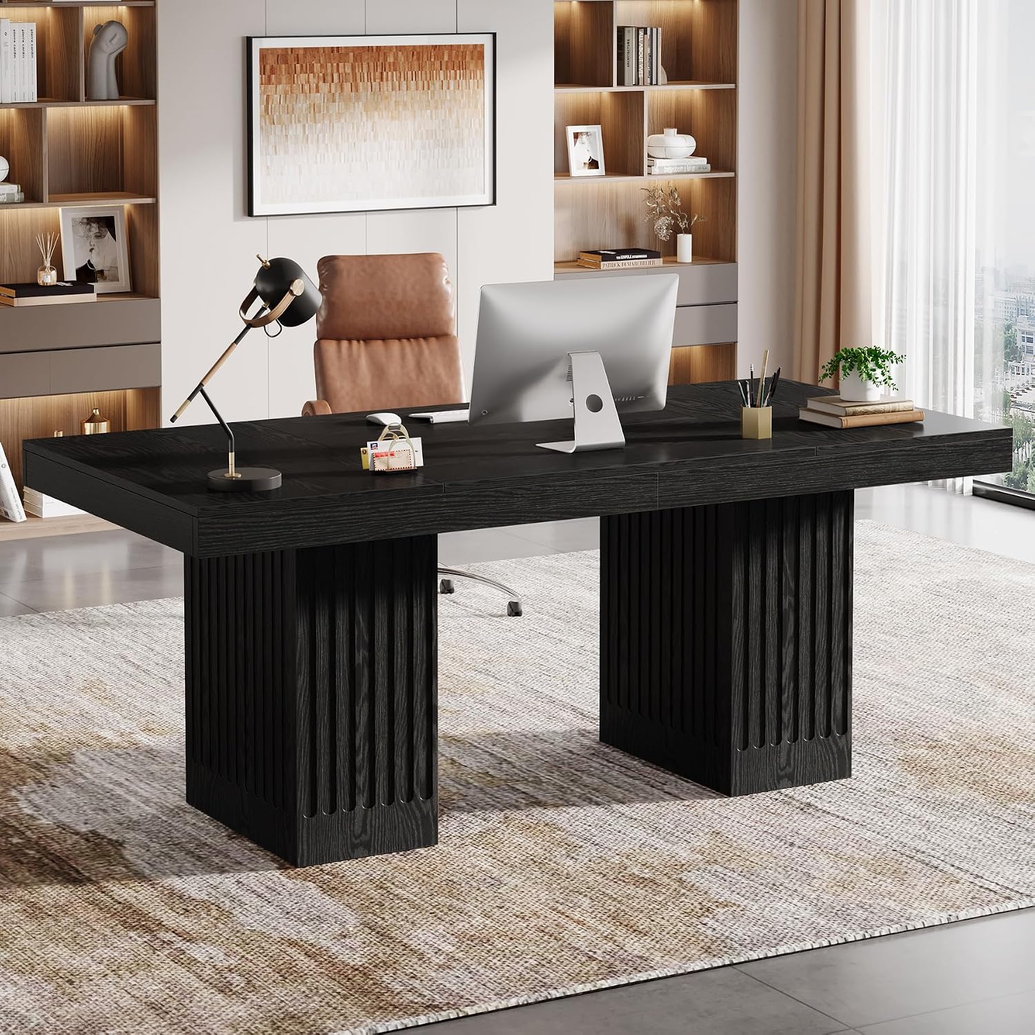 Tribesigns 63 Inch Executive Desk, Large Office Computer Desk with Double Pedestal, Black Modern Simple Desk, Study Writing Table Business Furniture for Home Office, Set of 2