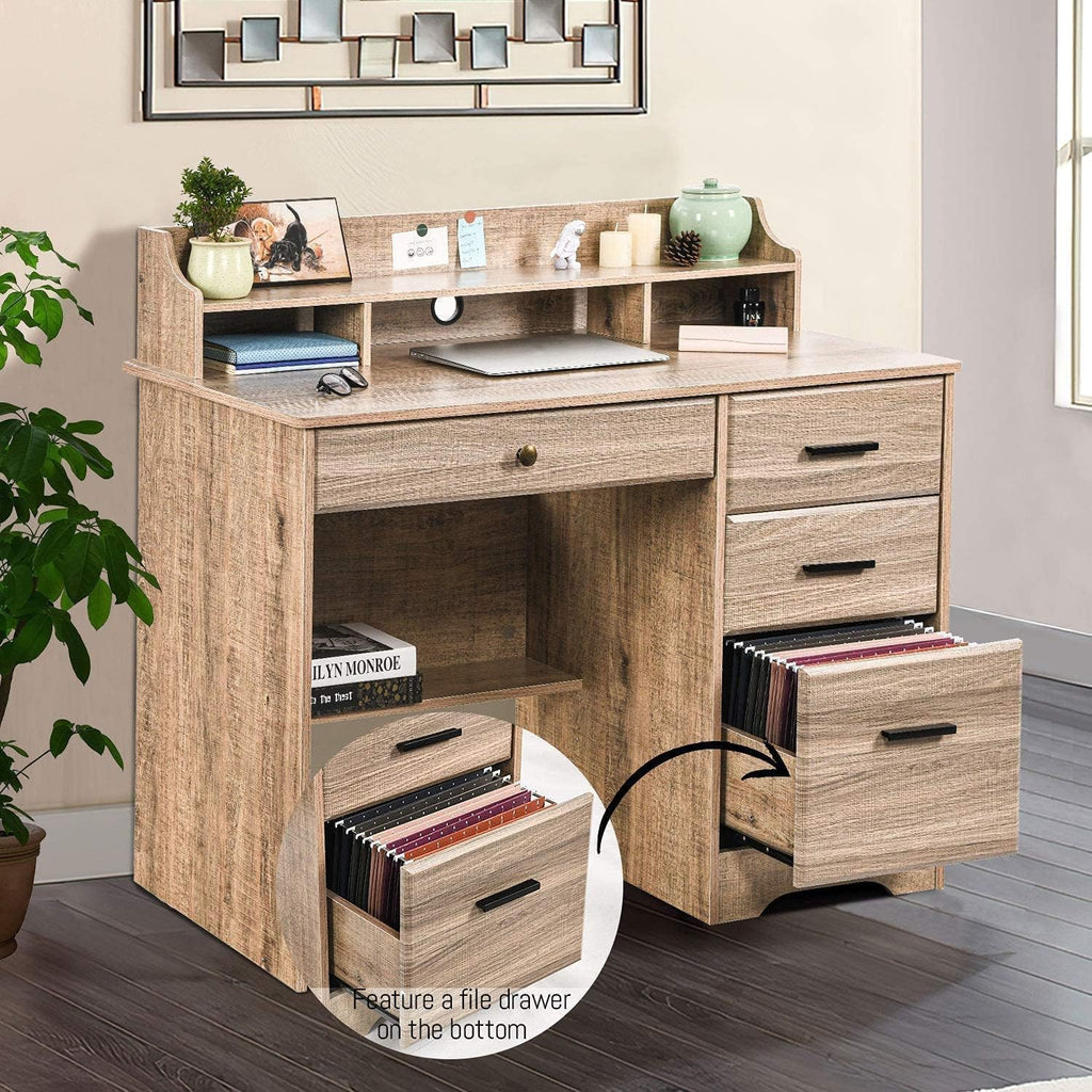 HOMBCK Computer Desk with 4 Drawers and Storage, Small Office Desk with File Drawers and Hutch, Farmhouse Wood Writing Student Table for Home Office, Bedroom, Wooden Grey