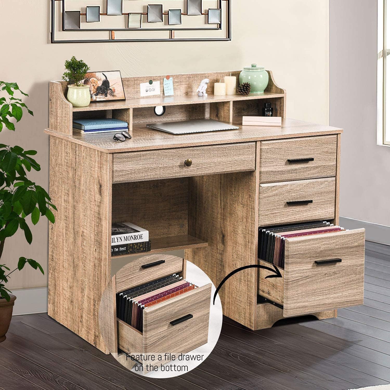 HOMBCK Computer Desk with 4 Drawers and Storage, Small Office Desk with File Drawers and Hutch, Farmhouse Wood Writing Student Table for Home Office, Bedroom, Wooden Grey
