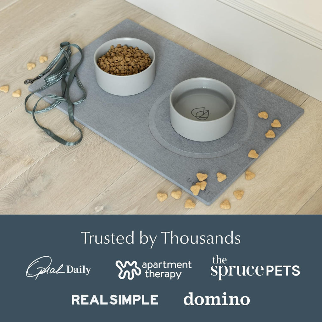 Dorai Home Ceramic Dog Bowls + Stone Drying Mat - Dog Food and Water Bowl Set with Non-Slip Base that Absorbs Spills and Drips - Made with Diatomaceous Earth for Quick Drying - 23.6' x 15.4' - Slate
