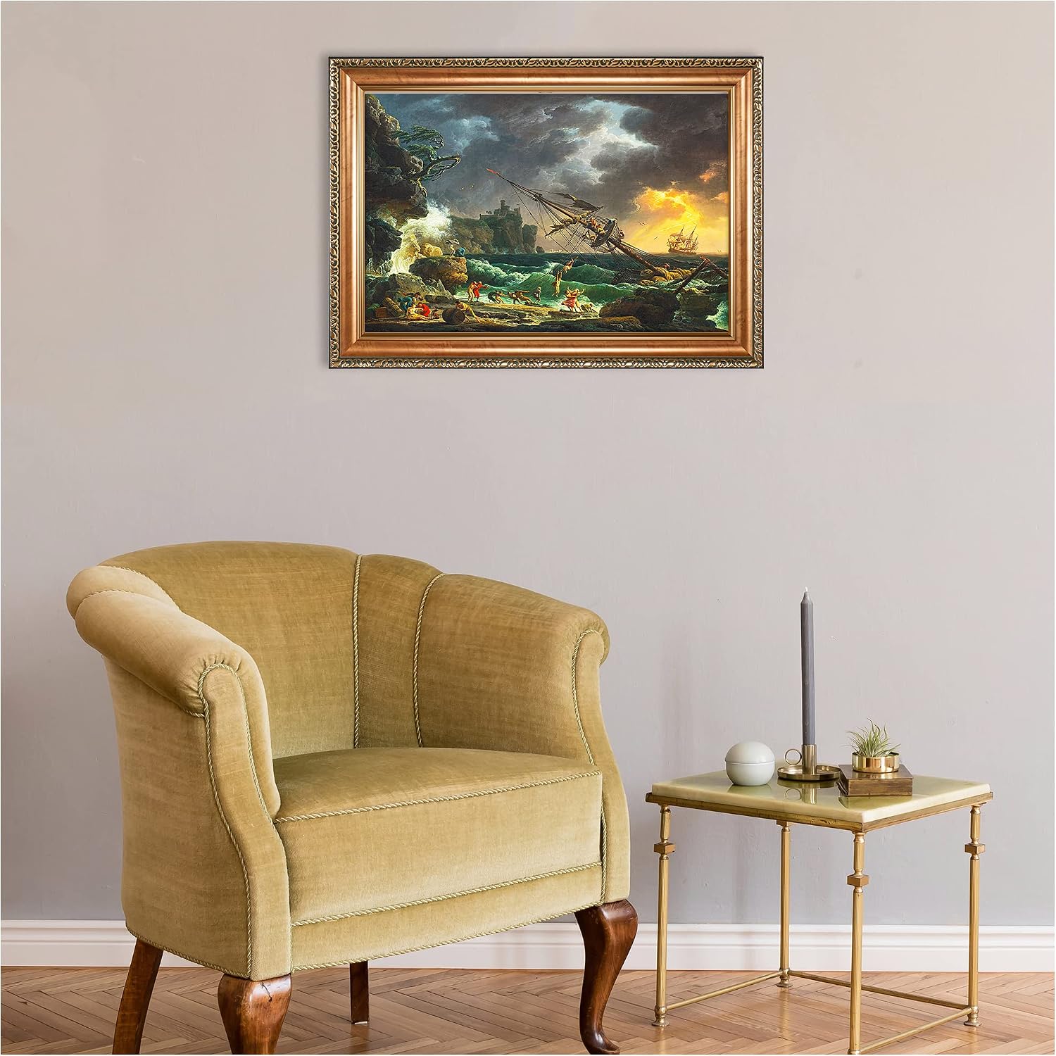 The Shipwreck Sailboat by Claude–Joseph Vernet Sailboat Warship Painting Reproductions Framed Size:28.5x20.5 inches,Image Size:24x16 inches World Classic Reproductions For HomeDecor,Gold Frame
