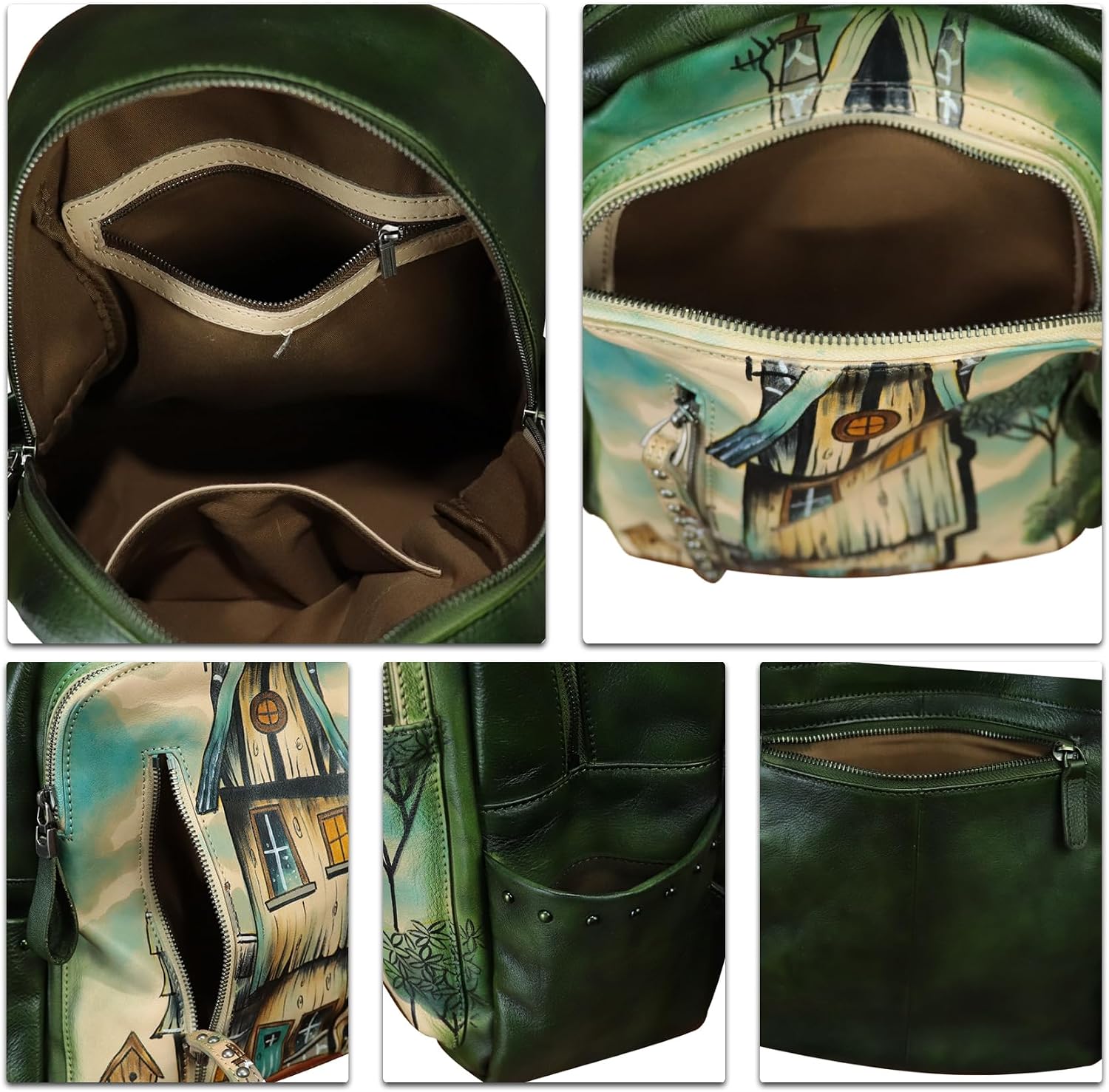 Genuine Leather Backpack for Women Hand Painted Rivet Knapsack Purse Handmade Rucksack Casual Daypack (Pattern1)