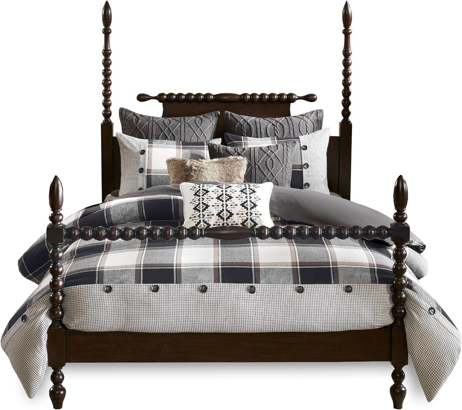 Madison Park Signature Cozy Comforter Set - All Season Bedding Combo Filled Insert and Removable Duvet Cover, Shams, Decorative Pillows, Plaid Brown/Black King (110 in x 96 in) 10 Piece