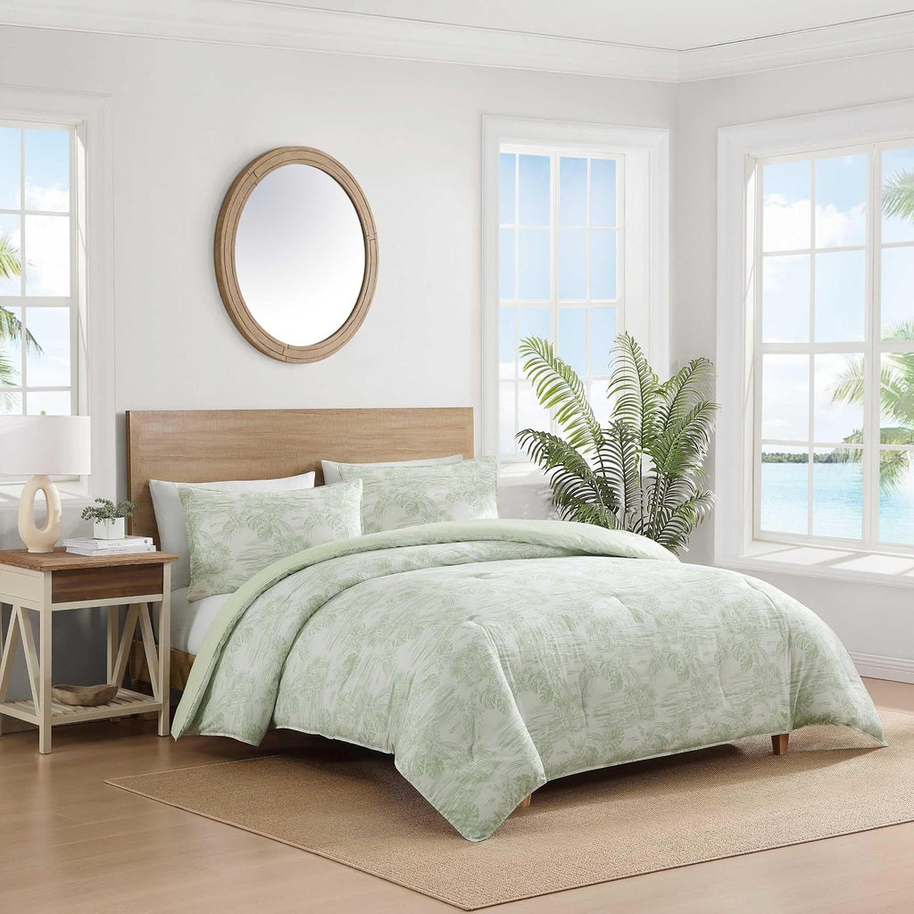 Tommy Bahama - Queen Comforter Set, 100% Soft Cotton Bed Set for Year Round Comfort, Coastal Bedding with Matching Pillowcases (Beach Bluff Toile Green)