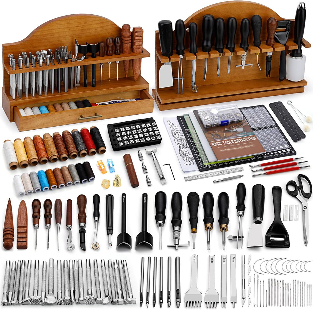 BUTUZE Leather Tools, Leather Crafting Kit with Leather Tool Rack, Leather Working Tools Kit for Adults and Tool Supplies for Carving, Stamping, Engraving, Sewing, Cutting, Punching and DIY Crafts