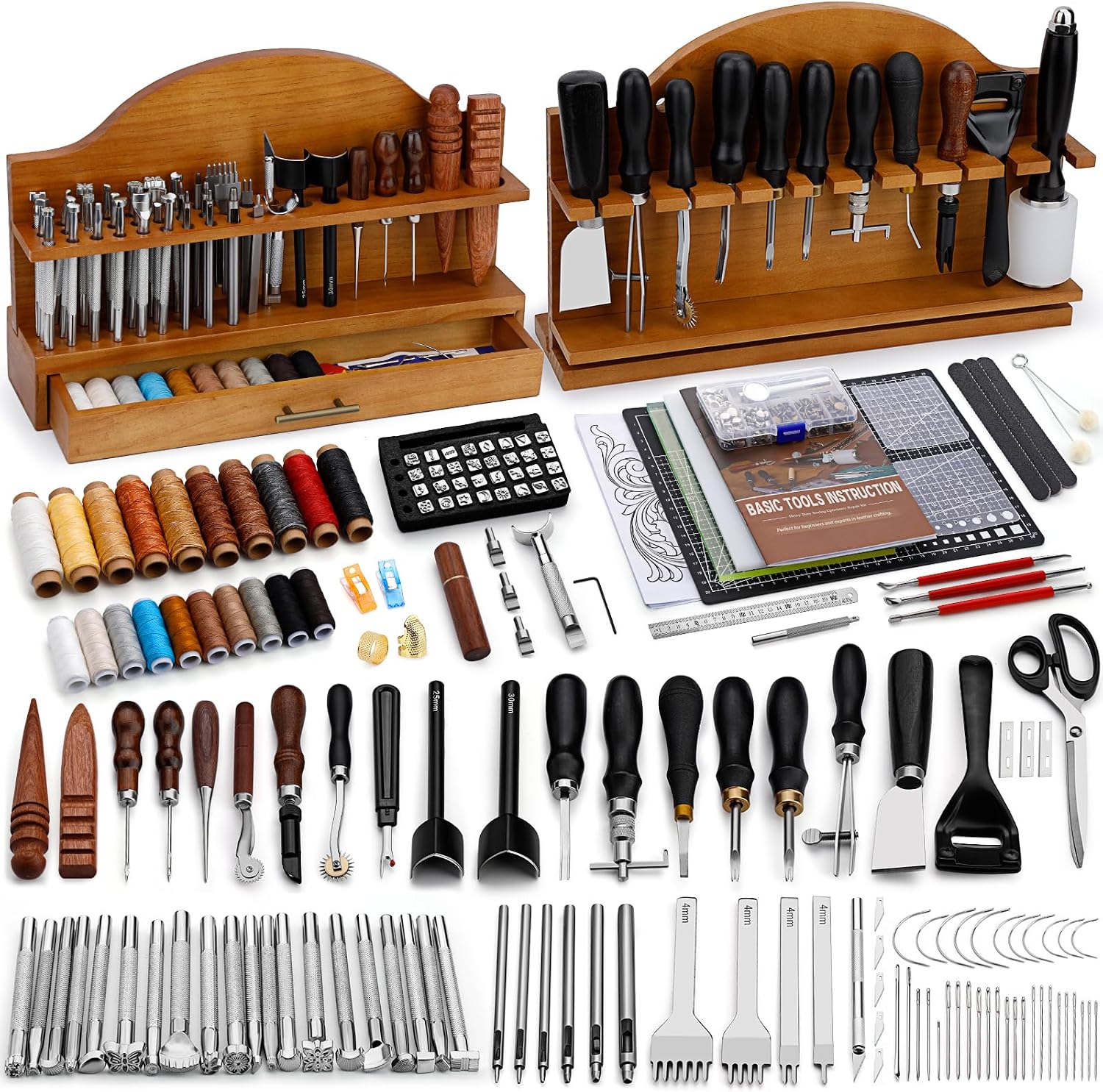 BUTUZE Leather Tools, Leather Crafting Kit with Leather Tool Rack, Leather Working Tools Kit for Adults and Tool Supplies for Carving, Stamping, Engraving, Sewing, Cutting, Punching and DIY Crafts