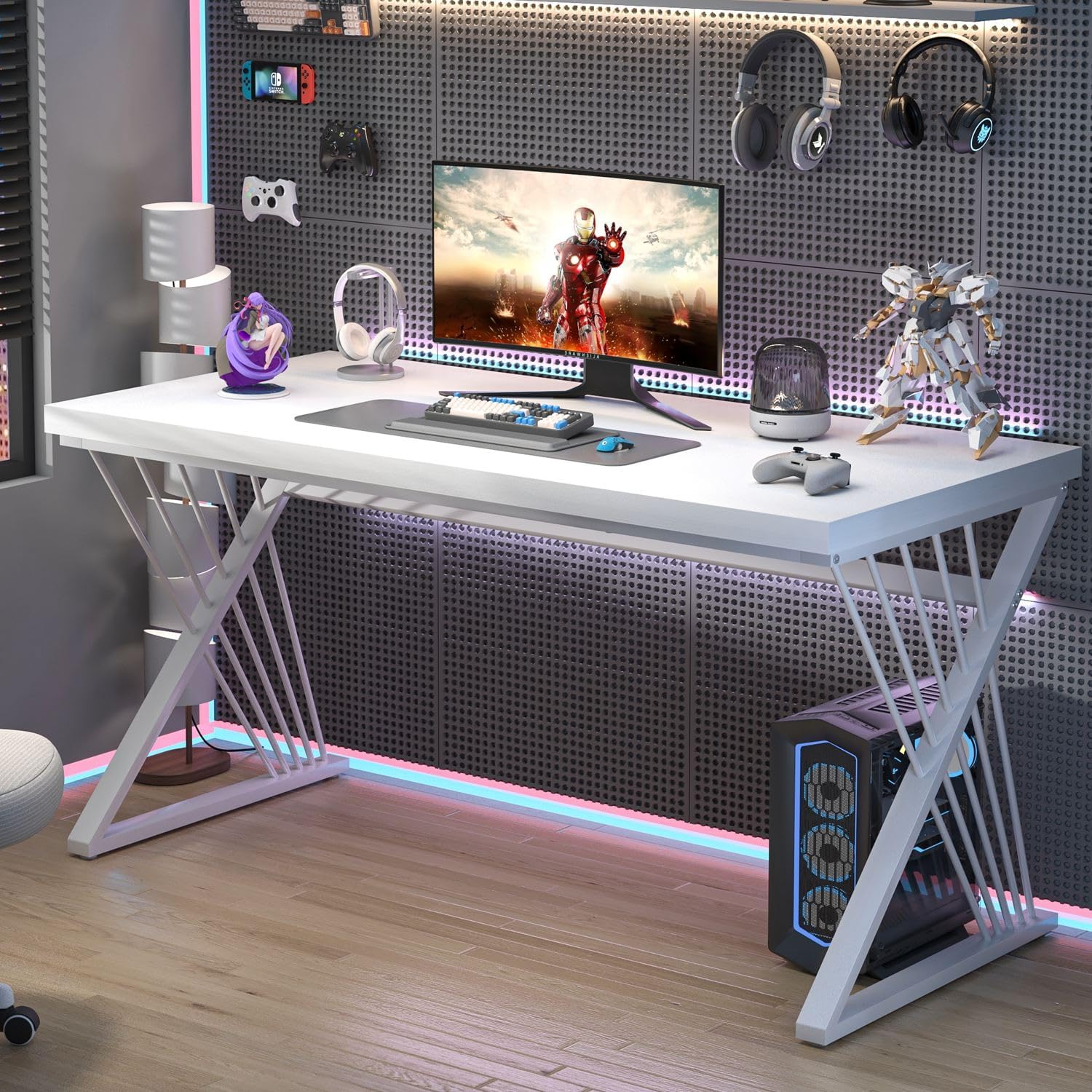 FOLUBAN Modern White Desk, Rustic Wood and Metal Computer Desk for Home Office, Simple Writing Work PC Desks for Bedroom, Industrial Study Gaming Table for Living Room, White, 53 Inch