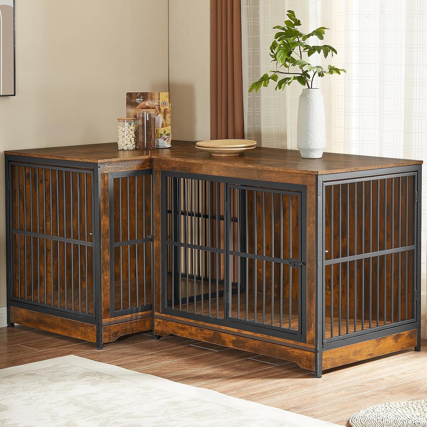 Rovibek 86' Stackable Dog Kennel Furniture with Removable Divider & 3 Doors, Double Dog Crates Furniture for 2 Dogs, Corner Dog Crate Furniture, Rustic Brown