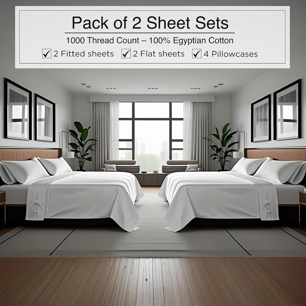 Bluemoon Homes Egyptian Cotton Sheets Queen Size Pack of 2-4 Piece Sheet Set All Around Elastic 18' Deep Fitted Sheet, Extra Soft Bed Sheets - White Queen Bedding Set