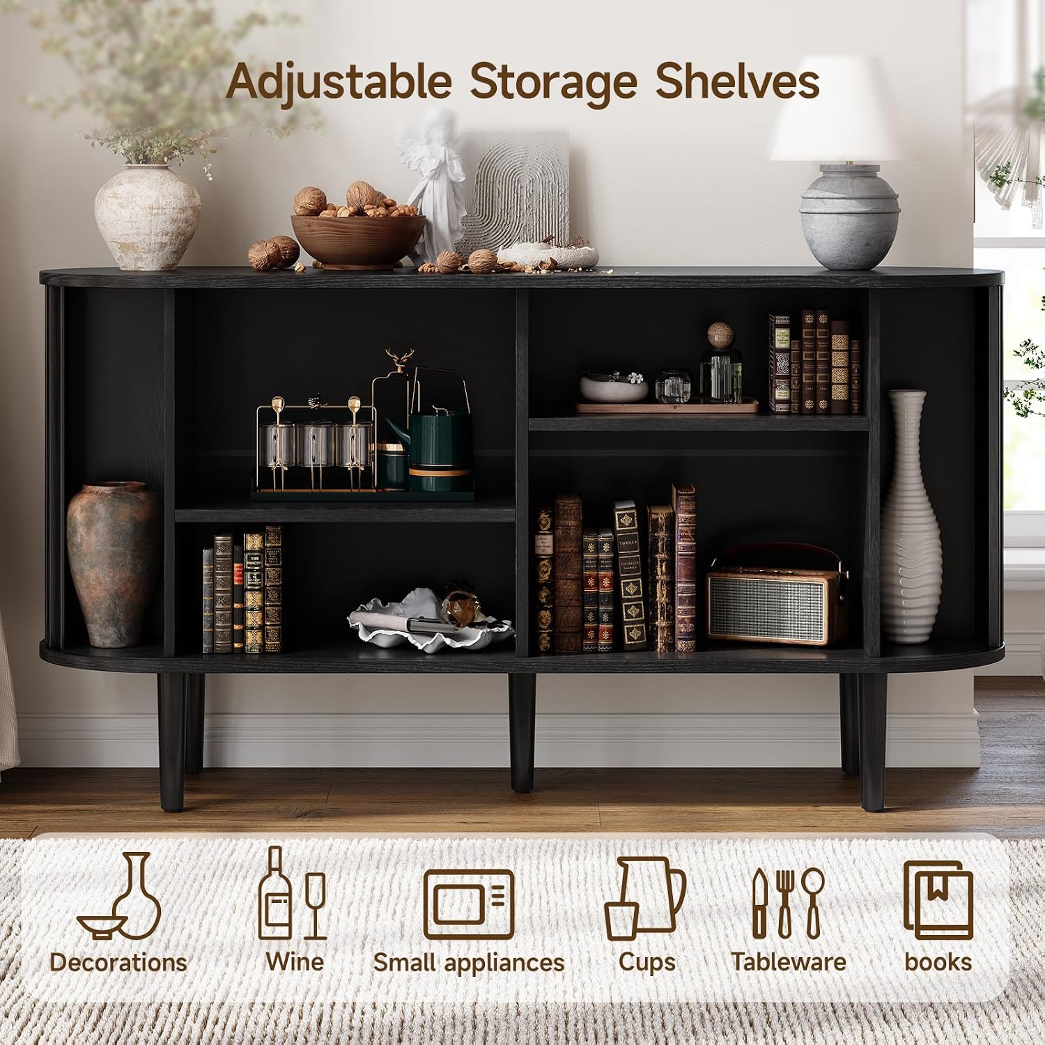 ONBRILL 55' Buffet Sideboard Cabinet with Sliding Doors, Mid-Century Modern Sideboard Buffet Cabinet with Storage & Adjustable Shelves, Accent Coffee Bar Console Table for Kitchen, Entryway, Black