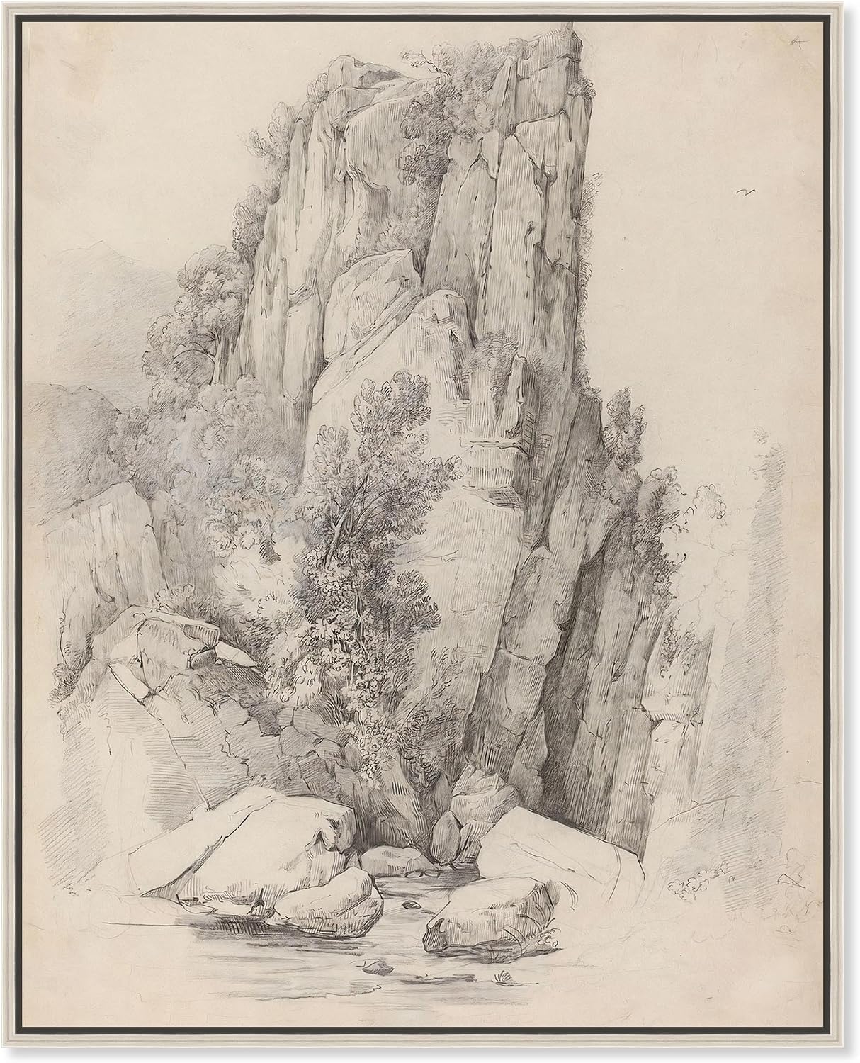 Art Remedy Rock Cliffs above a Stream 1818 Canvas Classic Sketches, Silver Frame, 16' x 20'
