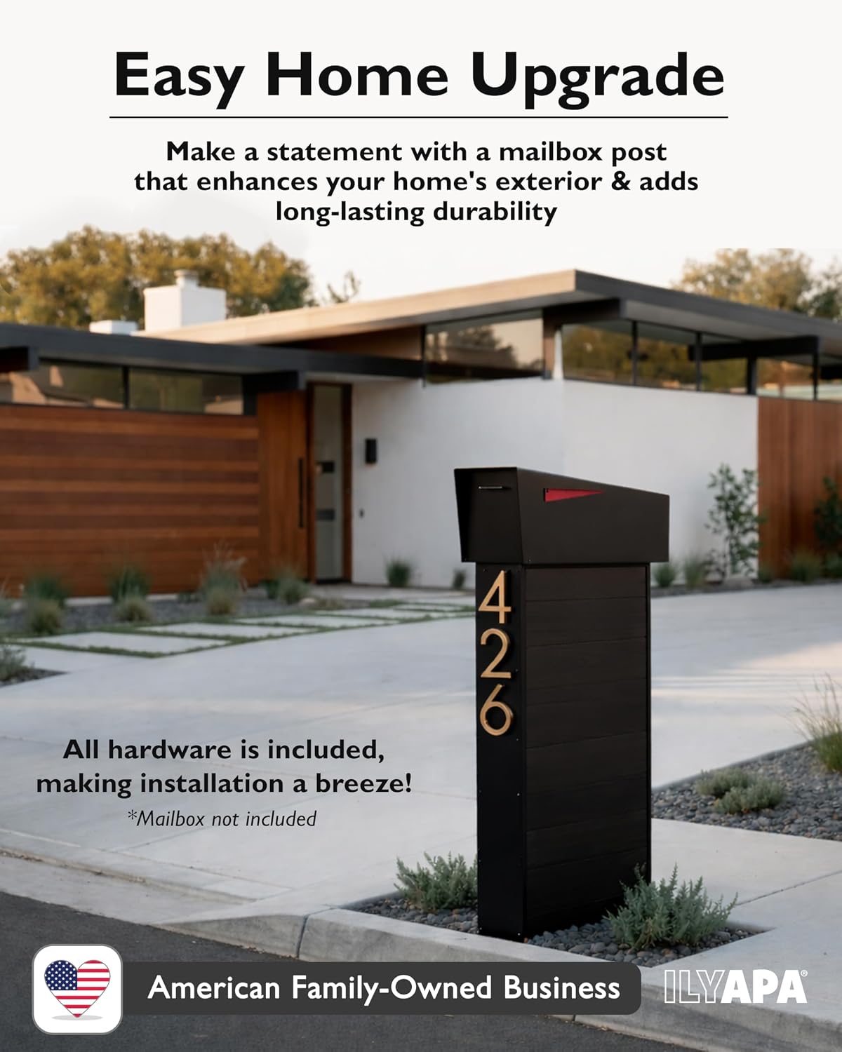 Ilyapa Modern Mailbox Post for Outside, 41x18x5 inch Black Metal Mail Box Posts for Decorative Residential Mailboxes, Includes Adjustable Universal Mounting Plate