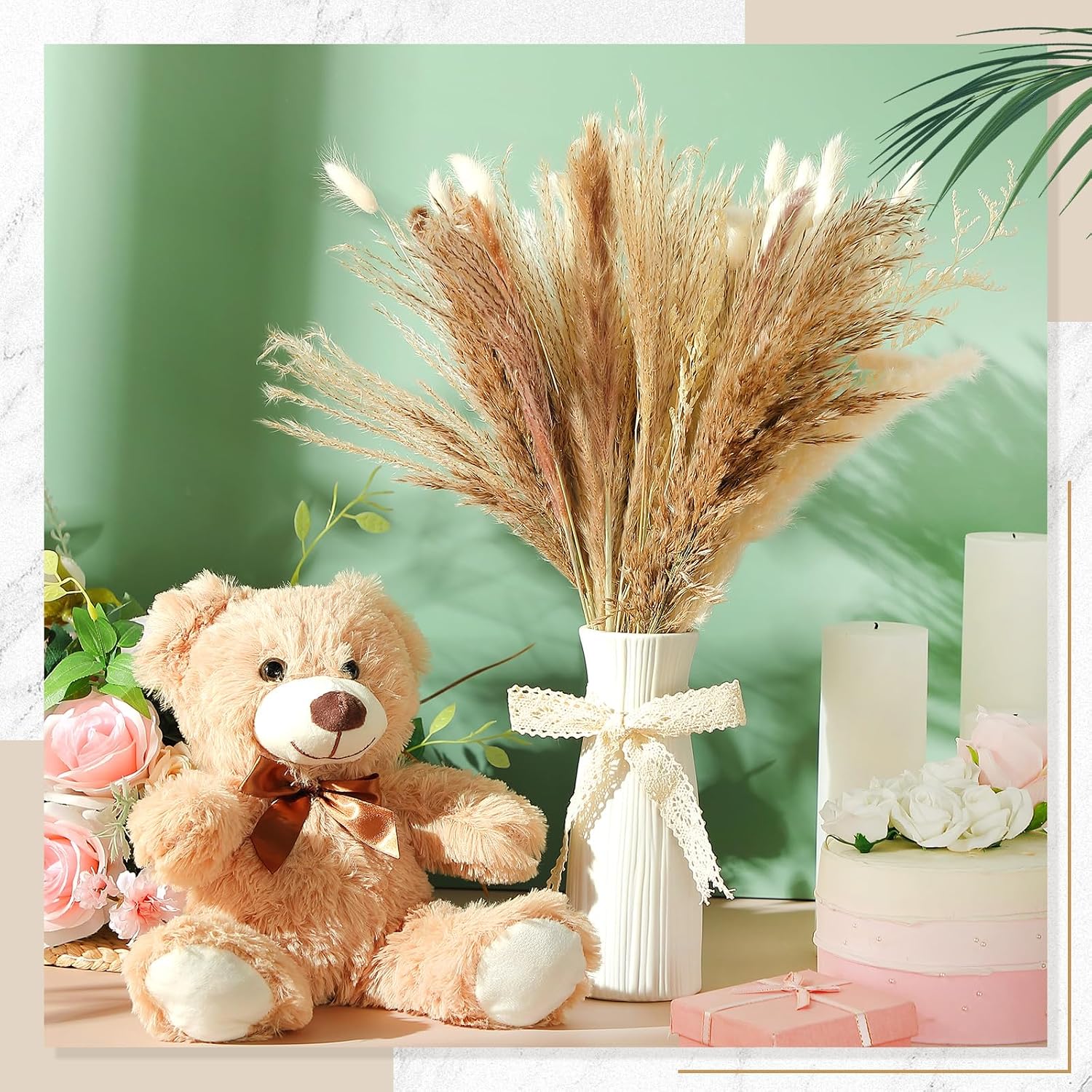 Canlierr 12 Sets 196 Pcs Baby Shower Table Centerpieces Decoration Baby Shower Table Decor with Bear Stuffed Vase Dried Pampas for Boho Wedding Gender Reveal Party Decoration(Ceramics,Boho)