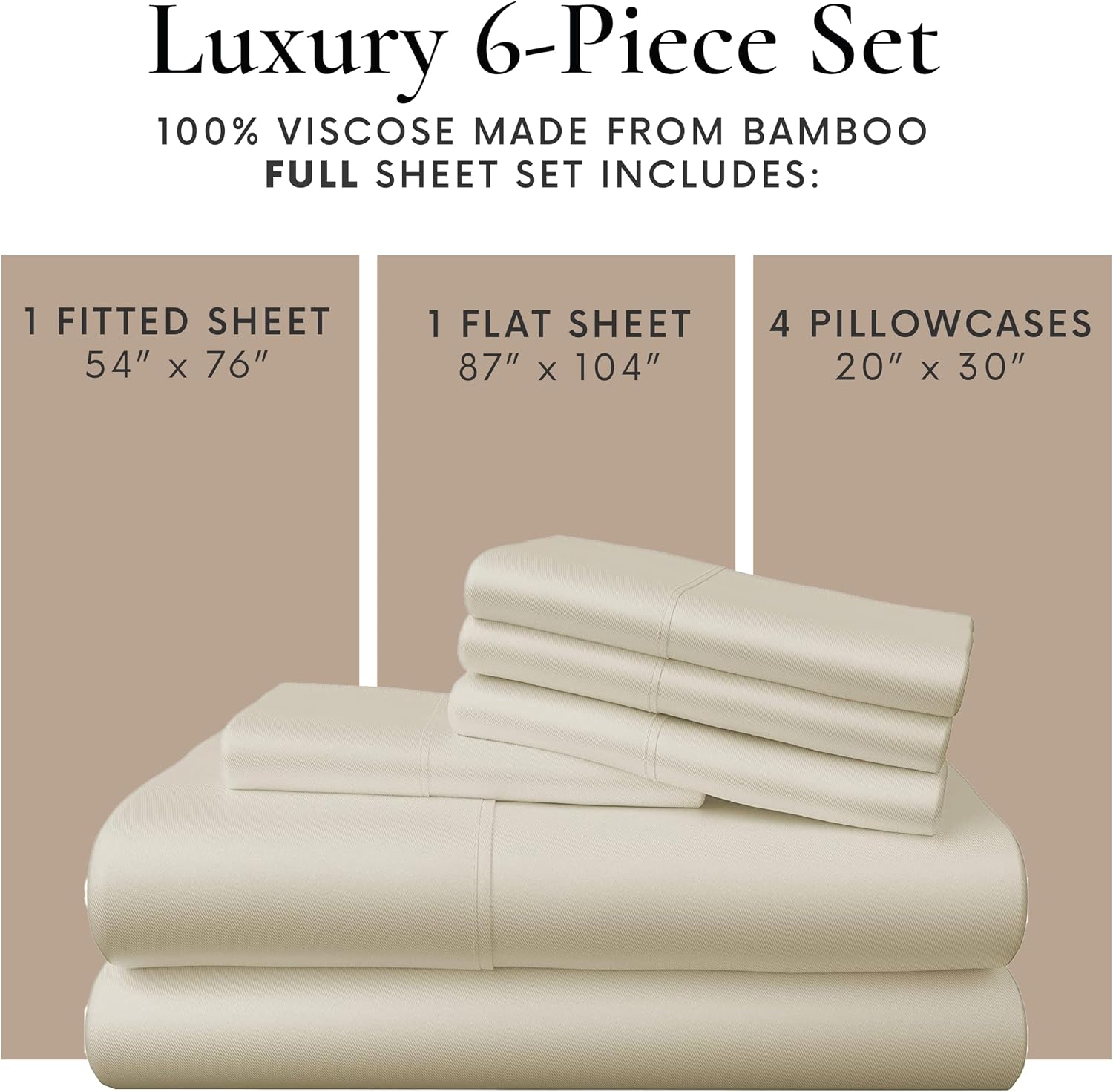Bamboo Bay 6 Piece Full Size Sheet Set, 100% Viscose Made from Bamboo, Breathable, Ultra Soft Cooling Bed Sheets for Hot Sleepers, Beddings with Deep Pockets Fit 16' Mattress, Ivory
