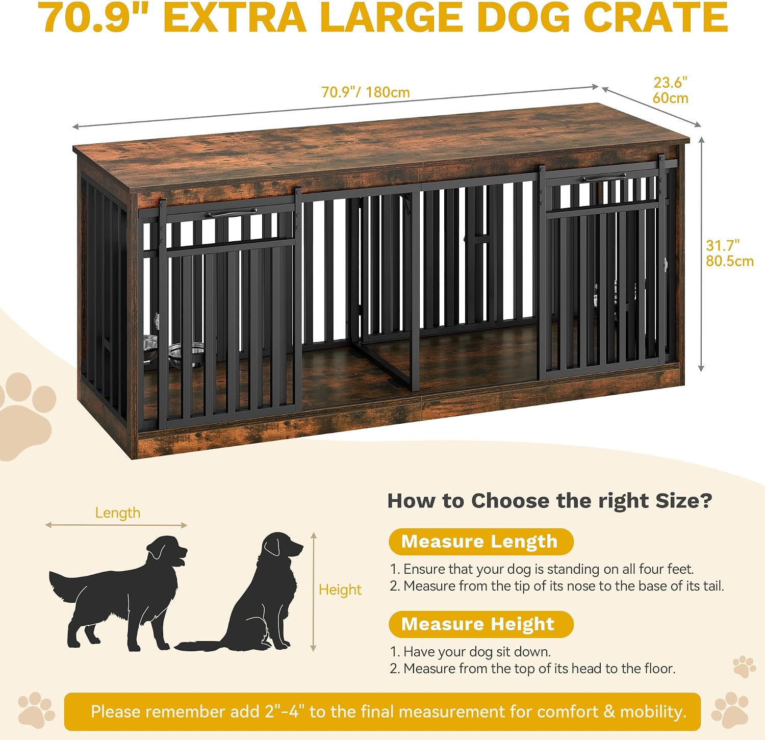 DWVO 71' Double Dog Crate Furniture for 2 Medium Dogs, Heavy Duty Wood Dual Dog Kennel TV Stand with Sliding Doors, Decorative Wooden 2 Dog Cage Table with Dog Bowls for Extra Large Dogs Rustic Brown