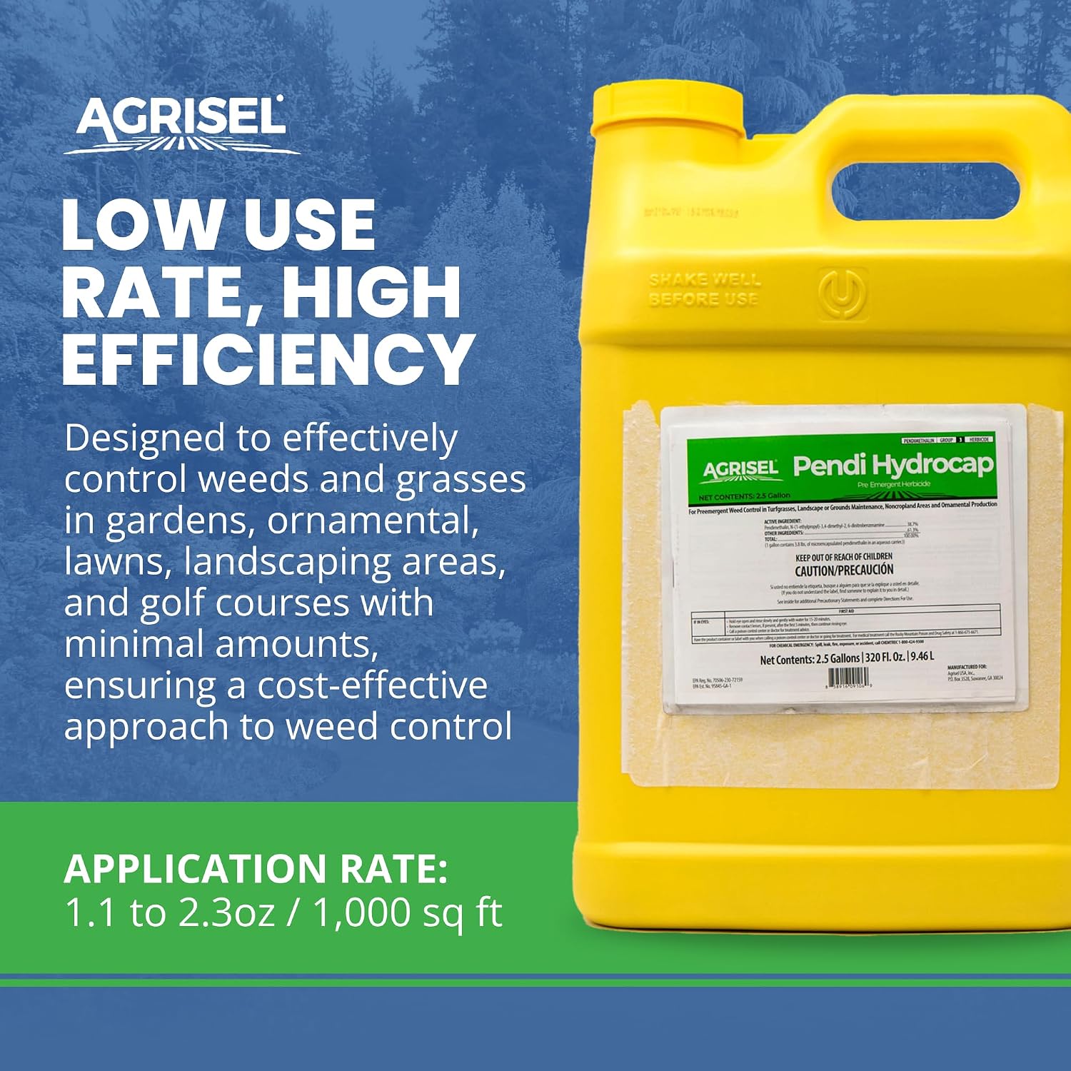 Agrisel Pendi Hydrocap Weed Killer, Pre-Emergent Formula, Effective on 40+ Broadleaf Weeds and Grasses, No-Stain, Mixes Easily, Pet Safe, Includes 3-Pack of Agrisel Protective Gloves, 320 Ounces
