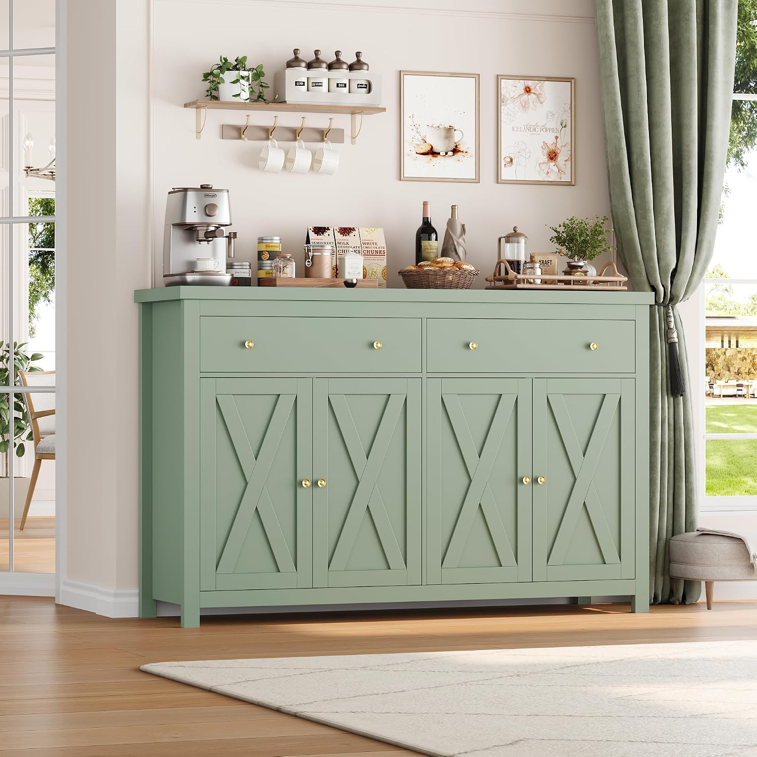 FOTOSOK Sideboard Buffet Cabinet with Storage, 55' Large Kitchen Storage Cabinet with 2 Drawers and 4 Doors, Wood Coffee Bar Buffet Table Console Table for Kitchen Dining Room, Green
