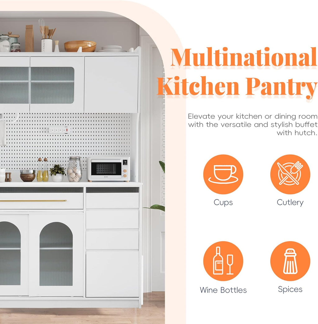 63'' W Buffet Cabinet with Hutch, Large Coffee Bar Storage Cabinet with 6 Drawers, Kitchen Pantry Sideboard with 5 Cabinets and Adjustable Shelves, Pegboard, Towel Rack, Power Outlet (White-Q12)