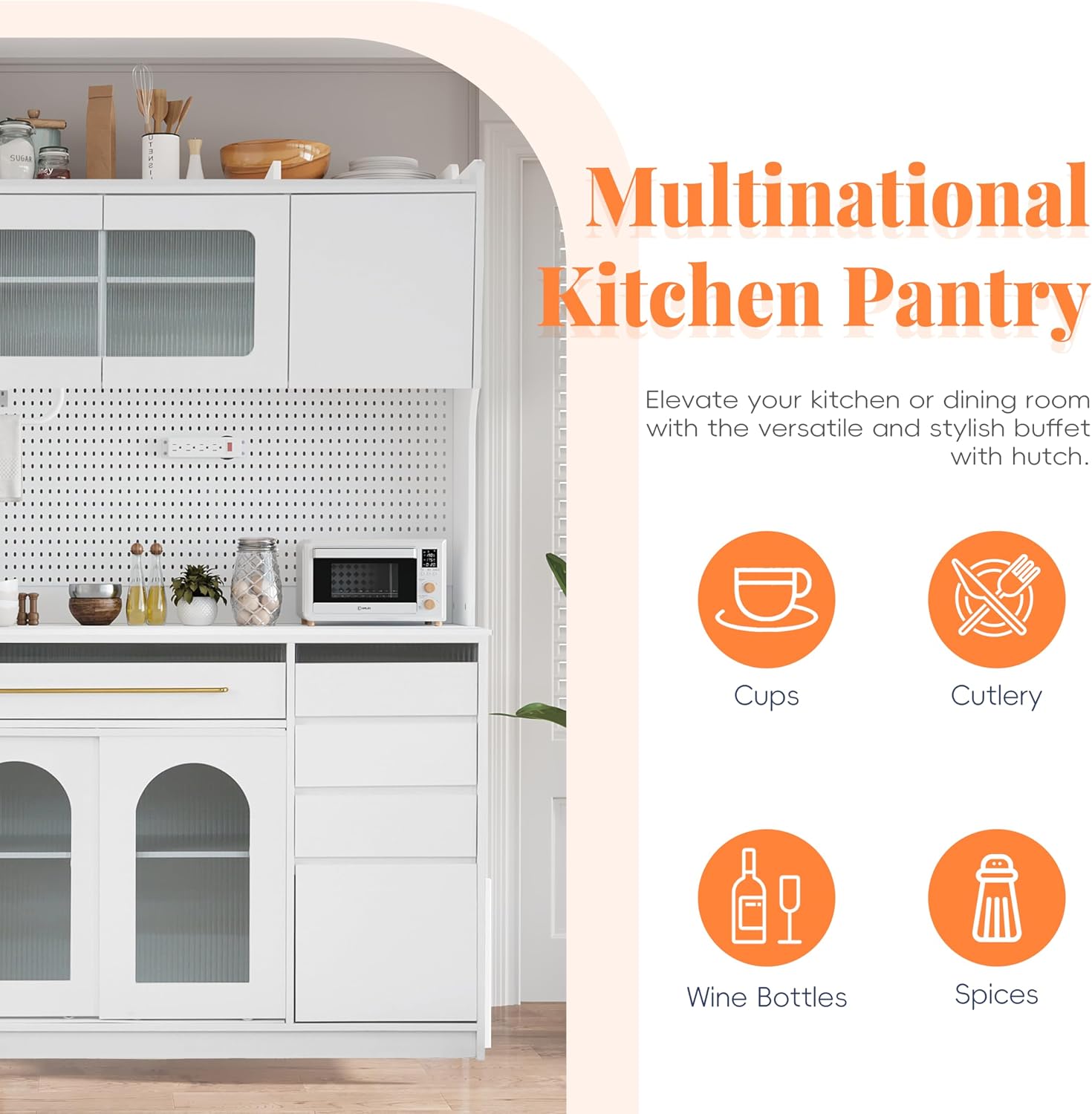 63'' W Buffet Cabinet with Hutch, Large Coffee Bar Storage Cabinet with 6 Drawers, Kitchen Pantry Sideboard with 5 Cabinets and Adjustable Shelves, Pegboard, Towel Rack, Power Outlet (White-Q12)