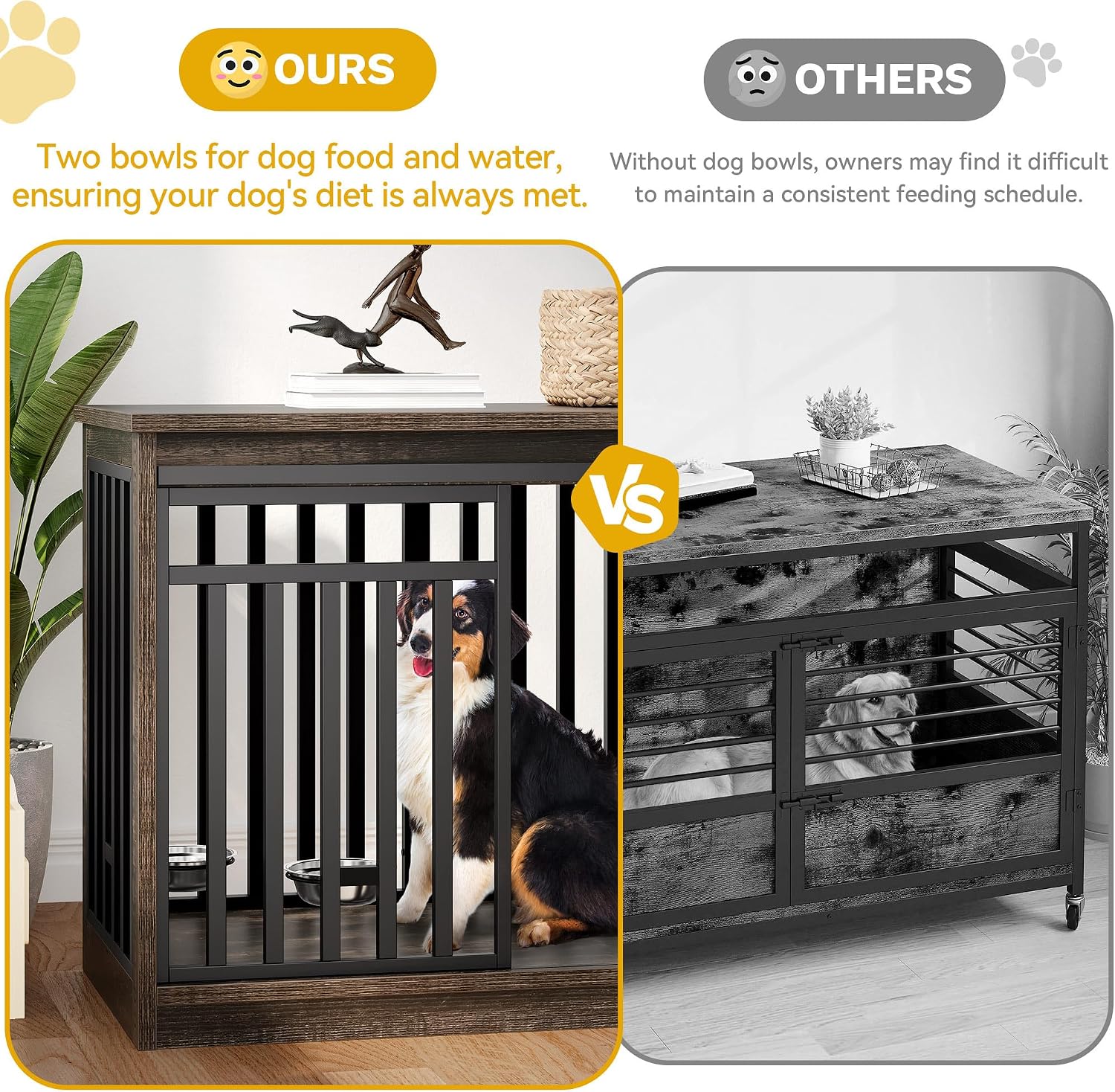 DWVO 55' Extra Large Dog Crate Furniture, Heavy Duty Metal Dog Kennel TV Stand with Sliding Door, Wooden Dog Cage Table with Dog Bowl for Extra Large Medium Dogs or 2 Small Dogs Black Oak