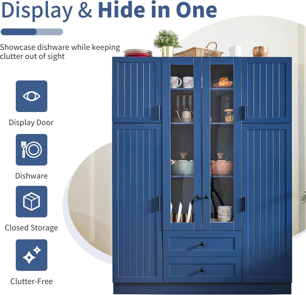 Modern Large Kitchen Pantry with 6 Doors, 53.2''Lx17.7''W Wood Storage Cabinet Cupboard with Drawers, Adjustable Shelves, Pull-Out Trays and Wine Rack for Dining Room (Blue-4.19)