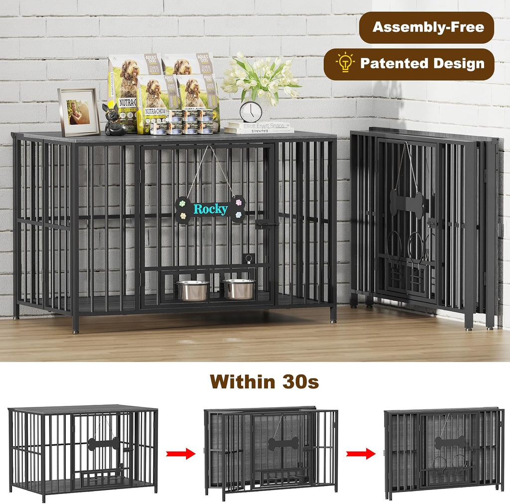 Easycom 43' Dog Crate Furniture Foldable, No Assembly Decorative Dog Kennel Indoor, XL Dog Crates for Large Dogs (60-80 lbs), Wooden Dog Cage with Adjustable Bowls and Name Tag, Dark Grey