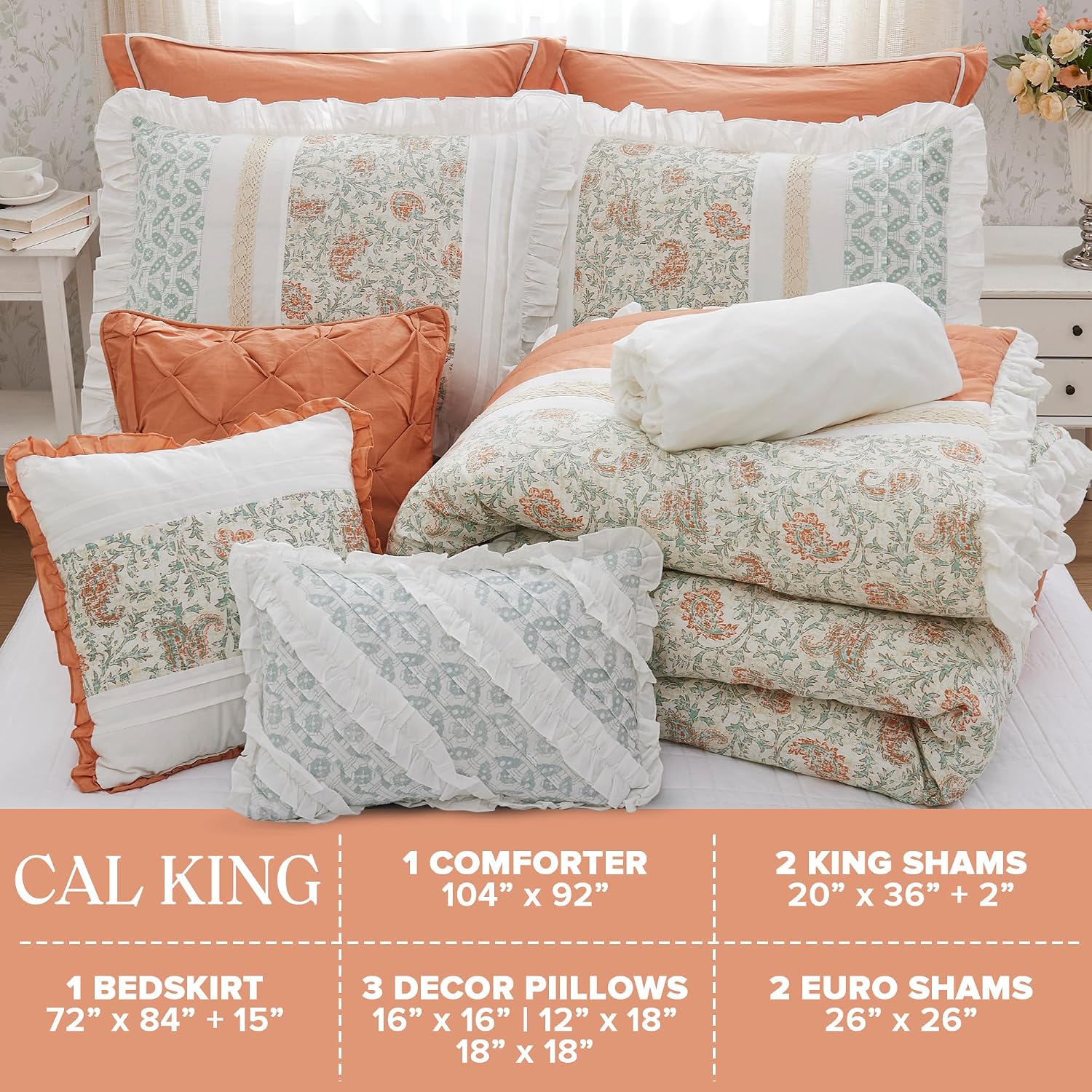 Madison Park Dawn 100% Cotton Shabby Chic Comforter Set-Modern Cottage Design All Season Down Alternative Bedding, Matching Shams, Bedskirt, Decorative Pillows, Cal King(104'x92'), Coral 9 Piece