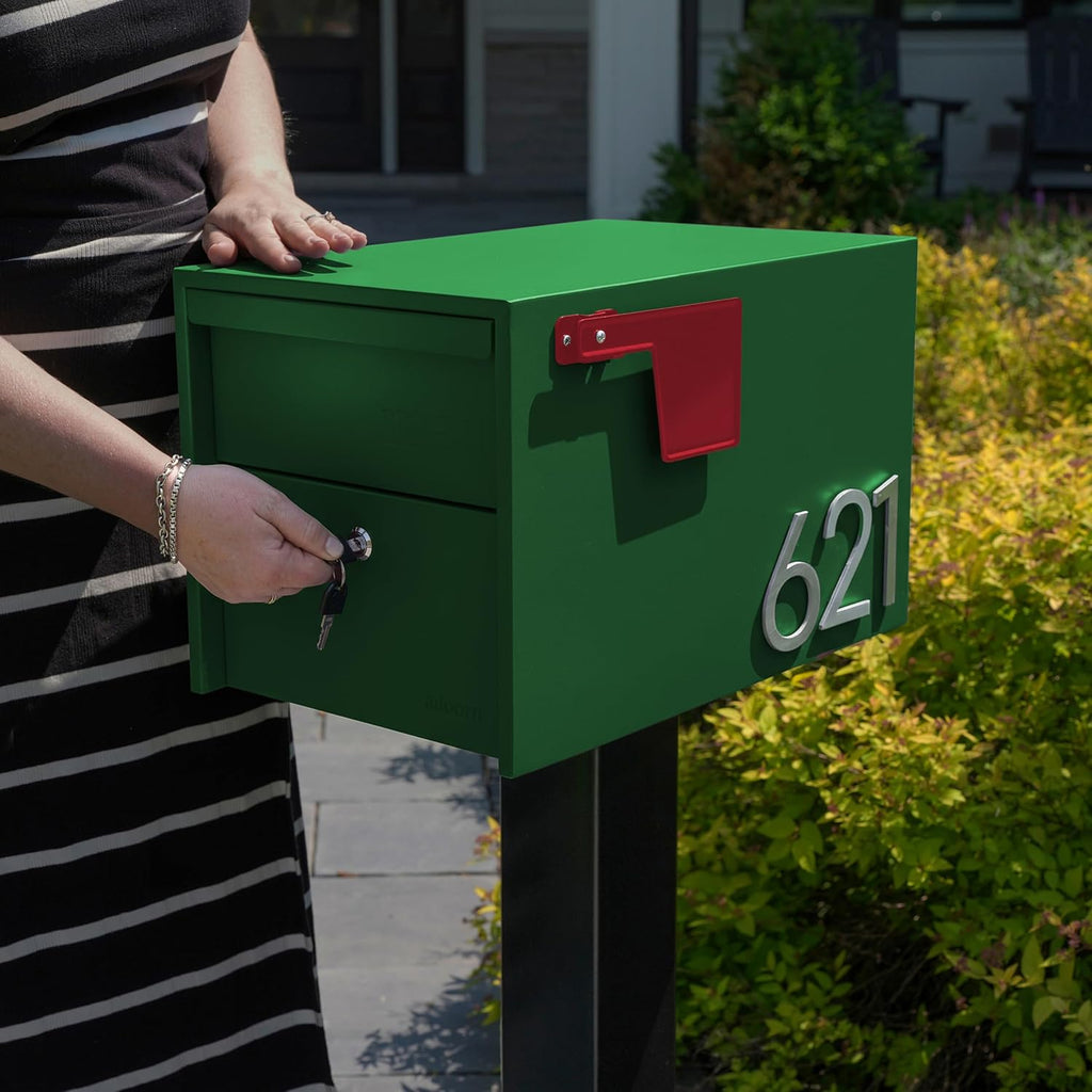 Adoorn Lockable Post Mount Mailboxes for Outside - Small Anti-Theft Locking Mailbox for Packages and Letters - Weatherproof Construction - Durable Steel - 12' H x 12' W x 18.5' D - Forest Green