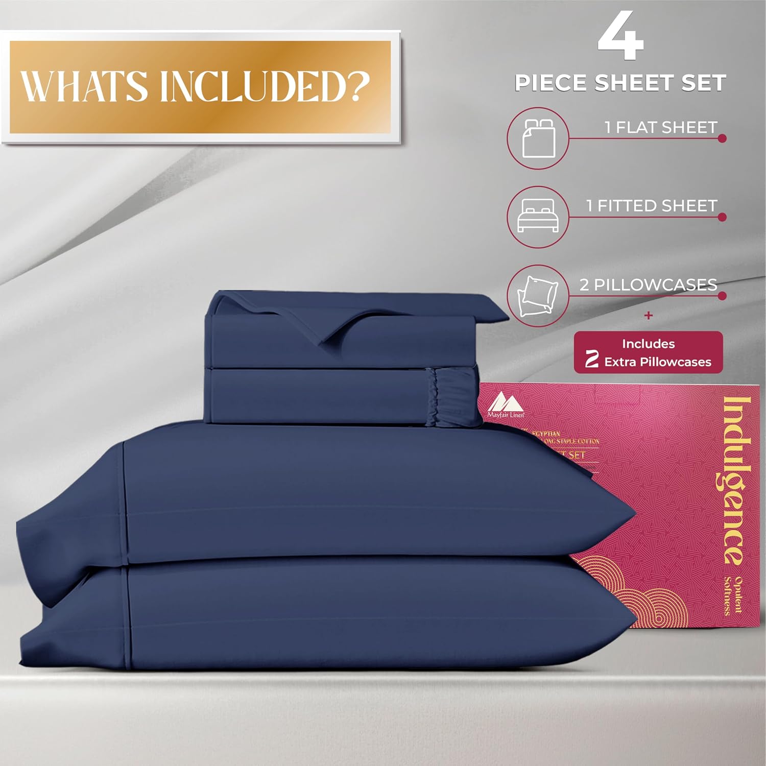 Mayfair Linen 100% Egyptian Cotton Queen Sheet Set - Luxury 1200 Series Egyptian Cotton Sheets Queen Size (4 PC, Navy Blue), Silky Soft, Cooling & Breathable, 17' Deep Pocket Sateen Hotel Bedding