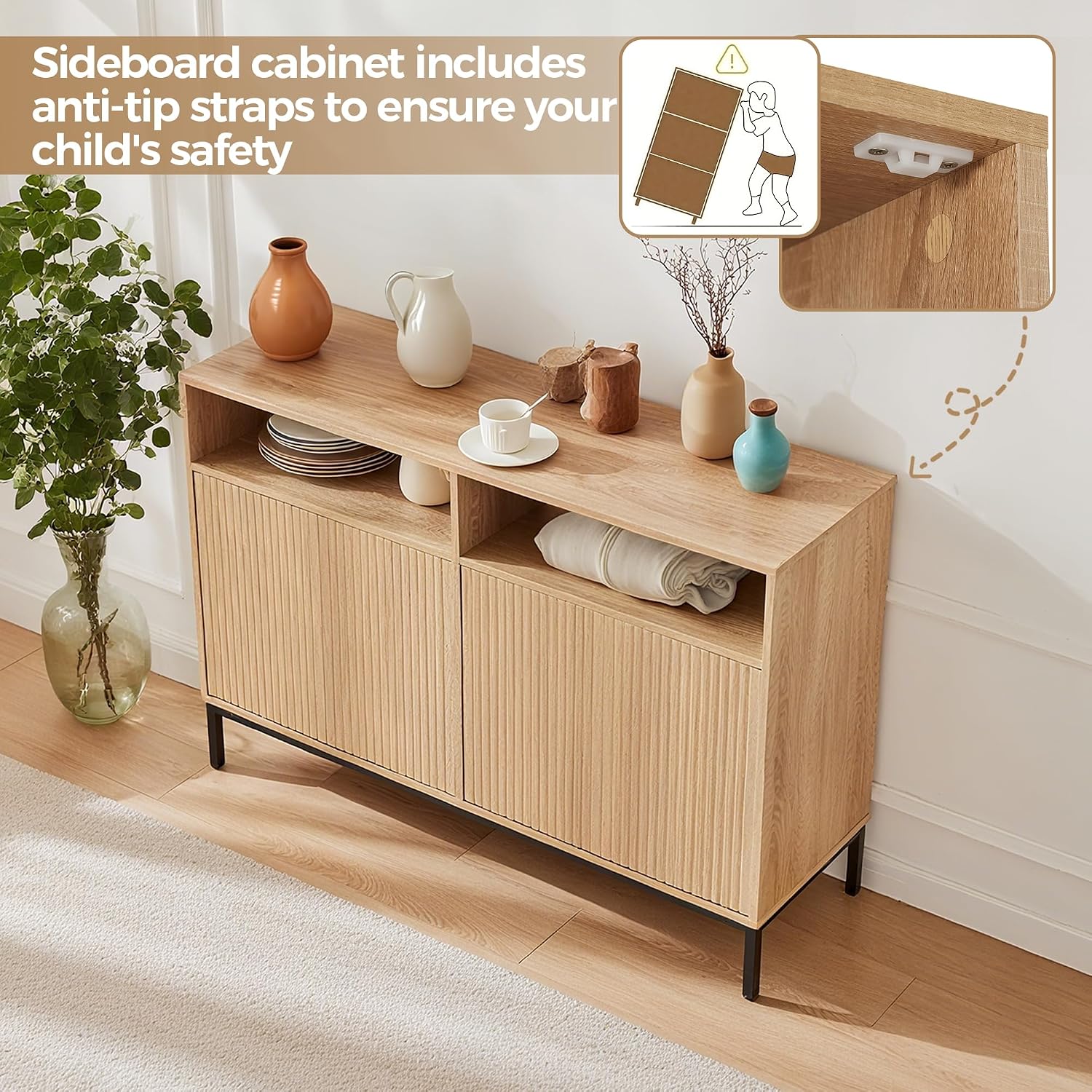 46 inch Sideboard Buffet Cabinet with Open Storage Shelf, Modern Fluted Credenza with 4 Doors and Adjustable Shelf, Large Coffee Bar Storage for Kitchen, Entryway
