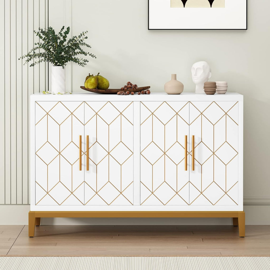 HLR Accent Cabinet with 4 Doors&Shelves, Sideboard Buffet Cabinet with Gold Trim, Modern White Storage for Living Room, Entryway, Kitchen, Dining Room, Hallway