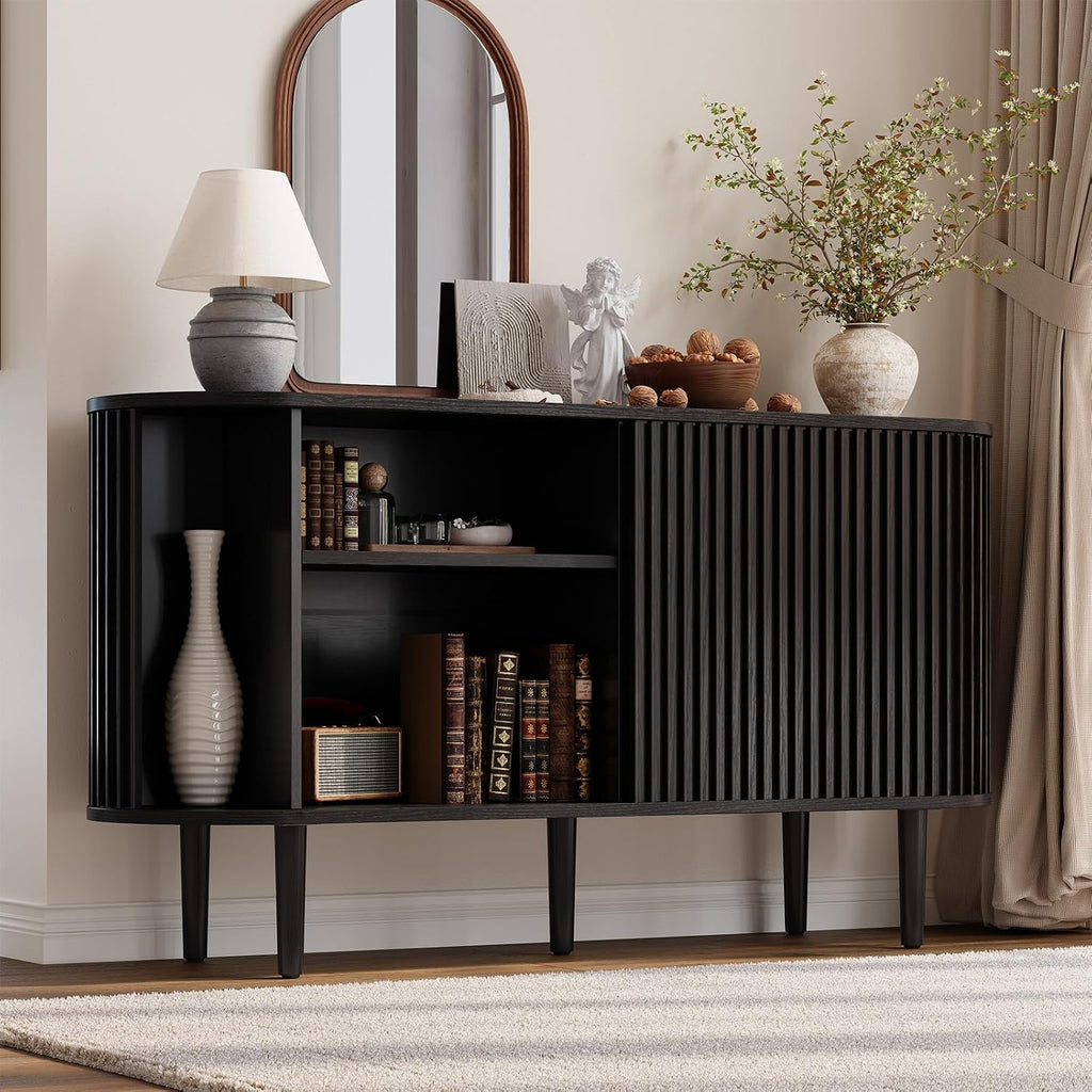 ONBRILL 55' Buffet Sideboard Cabinet with Sliding Doors, Mid-Century Modern Sideboard Buffet Cabinet with Storage & Adjustable Shelves, Accent Coffee Bar Console Table for Kitchen, Entryway, Black