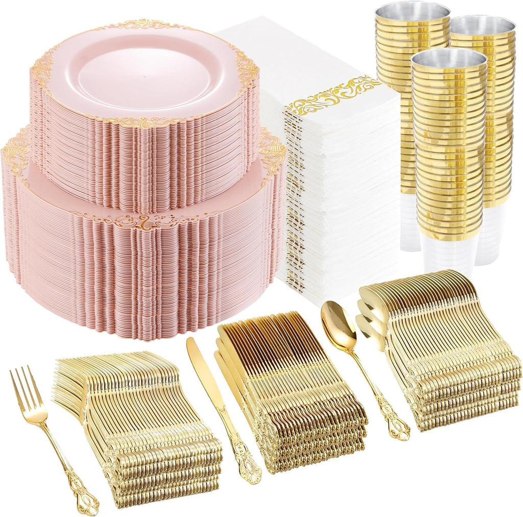 YOUBET 700PCS Pink Plastic Plates - Pink and Gold Plates - Luxury Pinks Dinnerware Set Include 200 Disposable Plates, 300 Heavy Duty Silverware, 100 Cups, 100 Napkins for Wedding Party