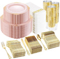 YOUBET 700PCS Pink Plastic Plates - Pink and Gold Plates - Luxury Pinks Dinnerware Set Include 200 Disposable Plates, 300 Heavy Duty Silverware, 100 Cups, 100 Napkins for Wedding Party
