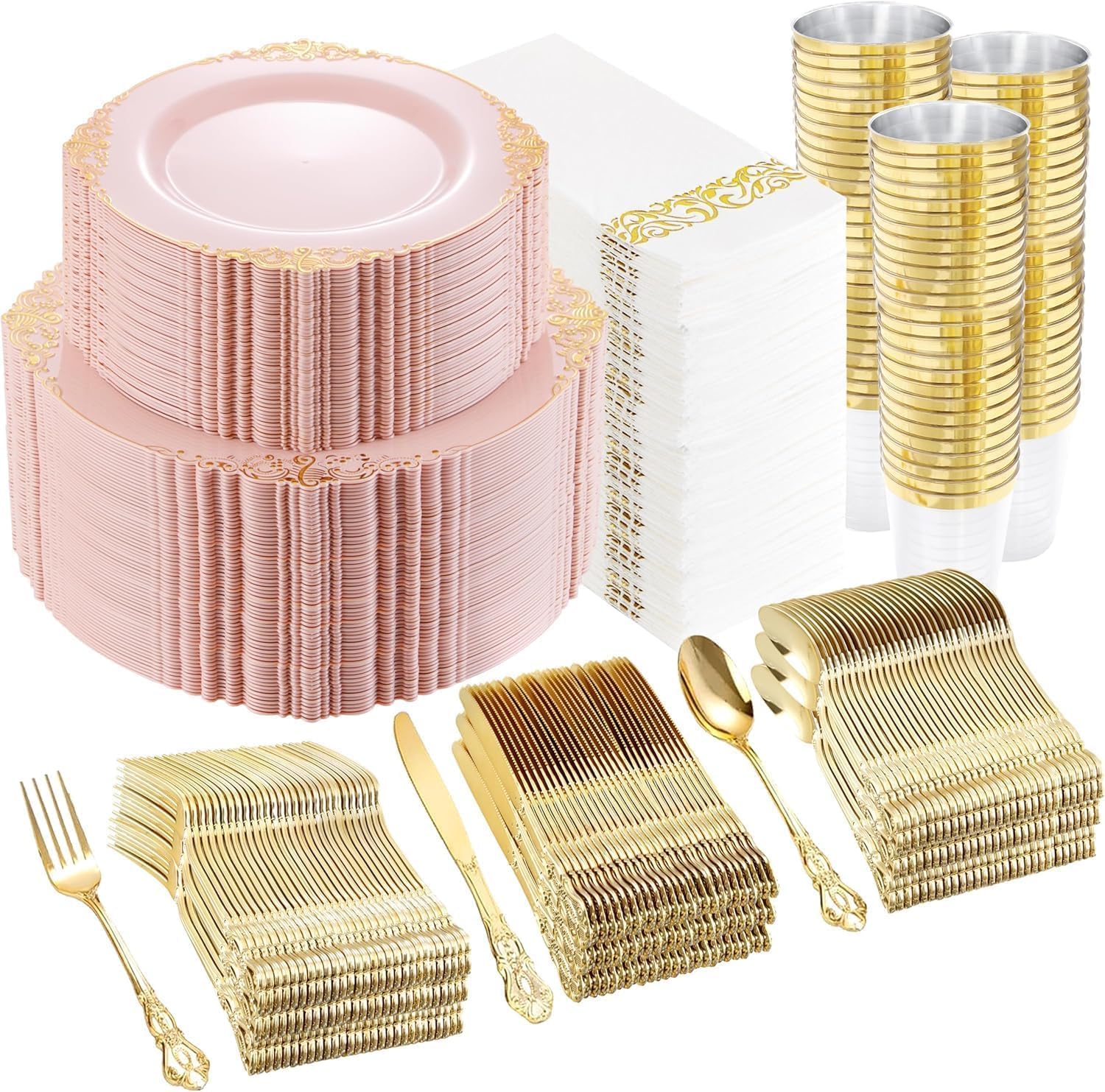 YOUBET 700PCS Pink Plastic Plates - Pink and Gold Plates - Luxury Pinks Dinnerware Set Include 200 Disposable Plates, 300 Heavy Duty Silverware, 100 Cups, 100 Napkins for Wedding Party