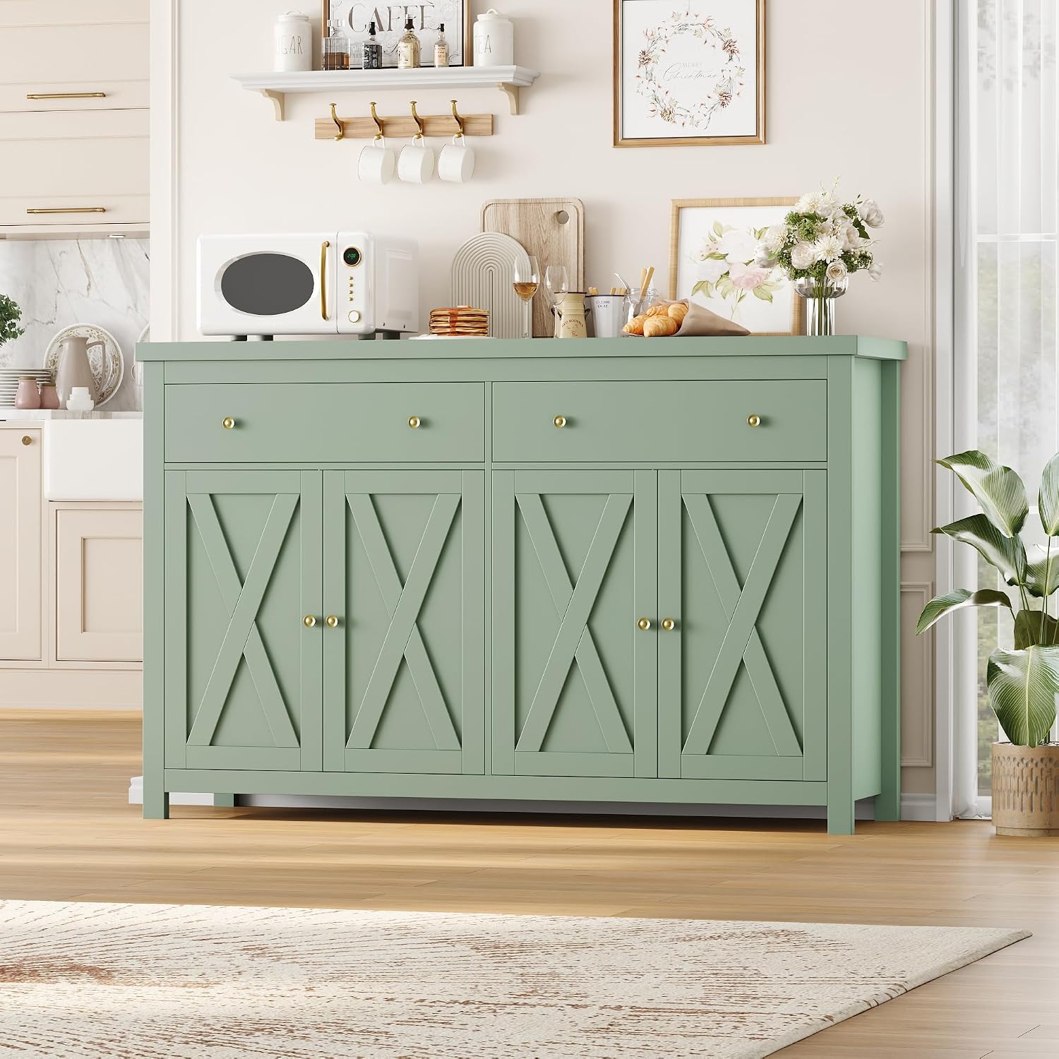 FOTOSOK Sideboard Buffet Cabinet with Storage, 55' Large Kitchen Storage Cabinet with 2 Drawers and 4 Doors, Wood Coffee Bar Buffet Table Console Table for Kitchen Dining Room, Green