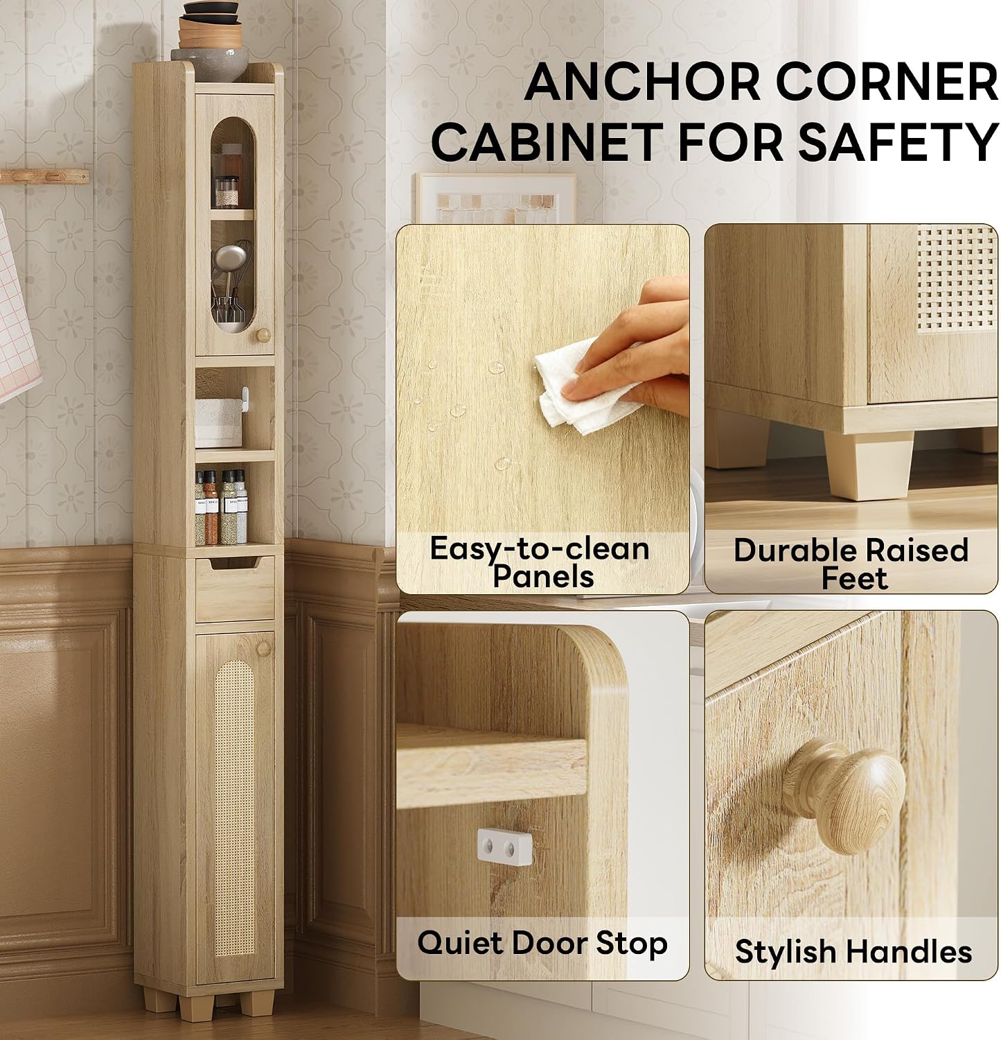 LIKIMIO 69' H Tall Bathroom Storage Cabinet with 2 Doors & 1 Drawer, Narrow Adjustable Shelves & Pull-Out Tissue Holder, Slim Freestanding Cabinet for Small Spaces, Kitchen, Entryway, Rustic White
