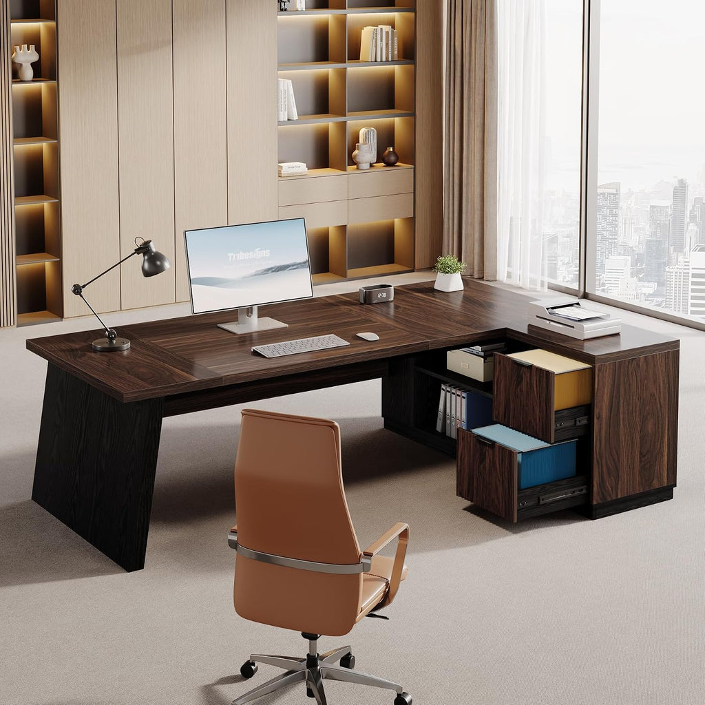 Tribesigns Executive Desk with 2 Drawers, 78-inch L Shaped Desk with Storage Cabinet and Shelves, Business Furniture Computer Table Workstation for Home Office