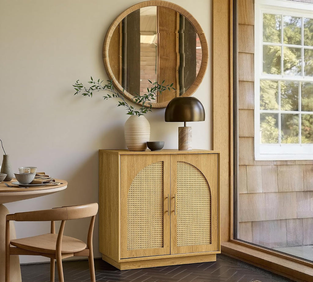 FORTUNETEC Sideboard Buffet Cabinet with Storage Set of 3, Modern Accent Cabinet with Rattan Arched Doors, Modular Media Console, Boho Credenza for Living Room Kitchen Dining Room Entryway, Oak