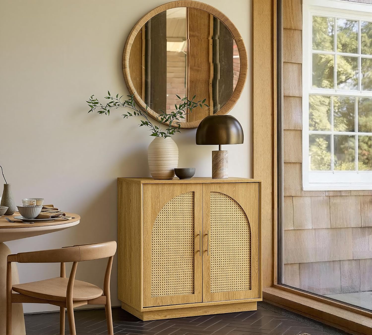 FORTUNETEC Sideboard Buffet Cabinet with Storage Set of 3, Modern Accent Cabinet with Rattan Arched Doors, Modular Media Console, Boho Credenza for Living Room Kitchen Dining Room Entryway, Oak