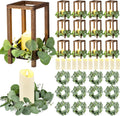 Geelin 12 Set 10.59'' Brown Wooden Lanterns for Wedding Centerpieces Include 12 Wooden Lantern 12 LED Candle 12 Eucalyptus Leaves Wreath for Wedding Baby Shower Farmhouse Rustic Table Decor