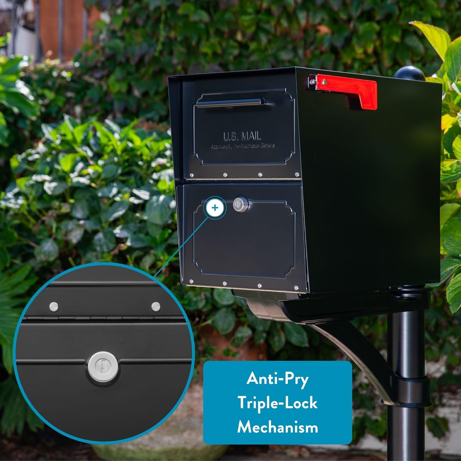 Architectural Mailboxes Oasis® TriBolt™ Secure, Anti-Pry Locking USPS Approved Heavy duty, Steel Metal Post Mount Mail Box for outside, Black Extra Large Curbside Mailbox with Magnet & Waterproof Door