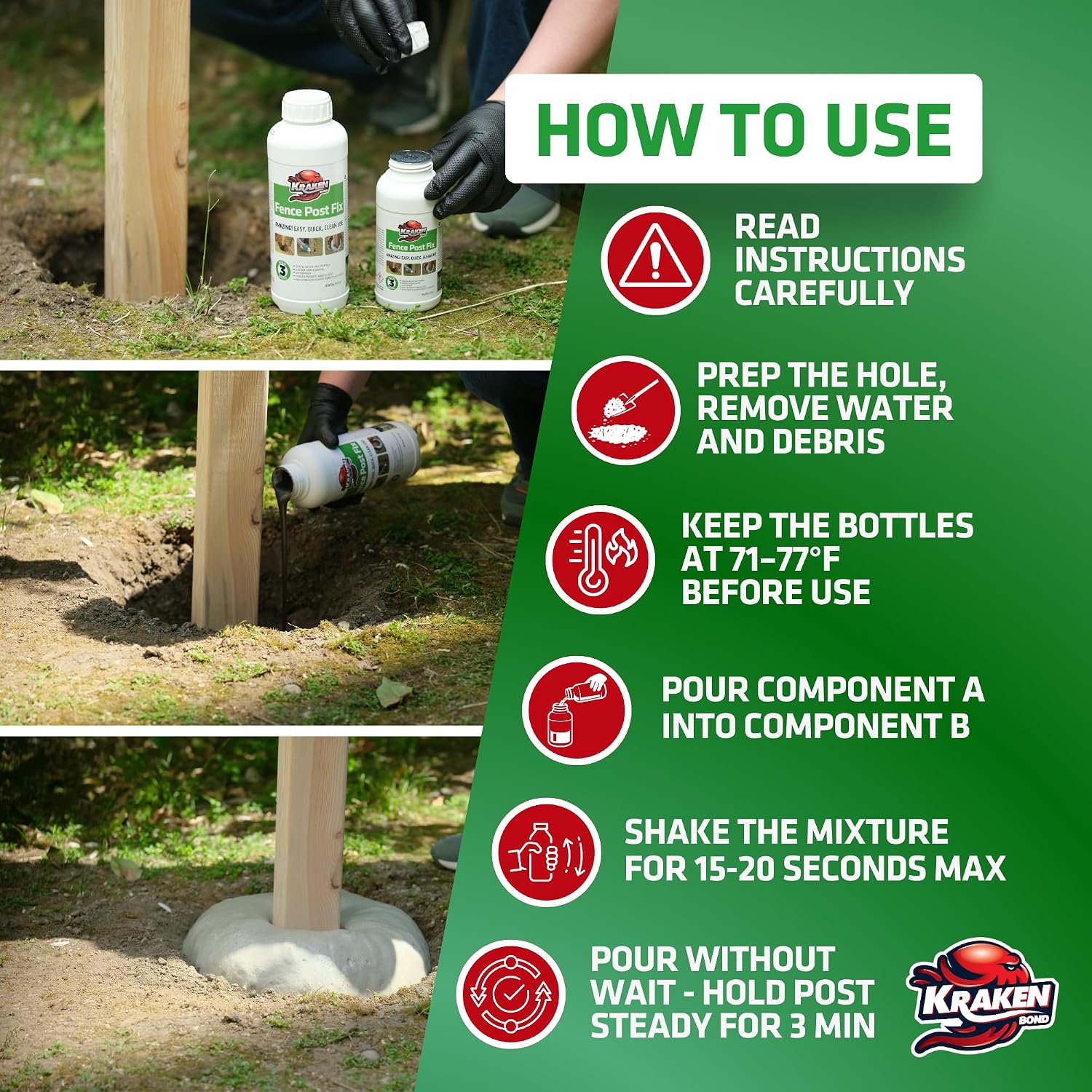 Kraken Bond Expanding Foam Post Hole Filler - (12x10.5 + 12x13.2 oz) 2 Part Expanding Polyurethane Concrete Alternative for Fence, Deck, Mailbox, Anchor, Waterproof Fence Post Repair Kit, 12 Pack