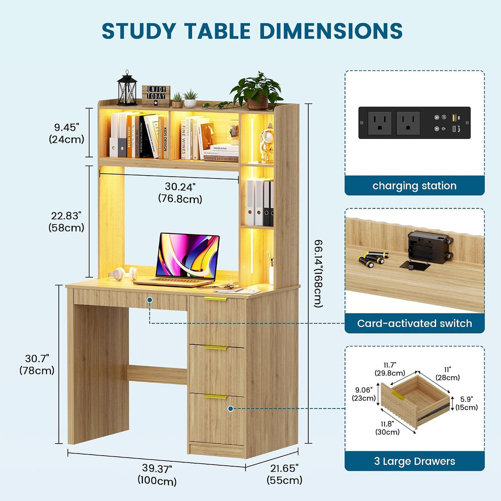 WOOVIVS Home Office Desk with Hutch & LED Lights - 39' Computer Desk with Charging Station, 3 Large Drawers, Hidden Compartment & Fluted Panel Design,Natural Writing Desk for Bedroom, Study