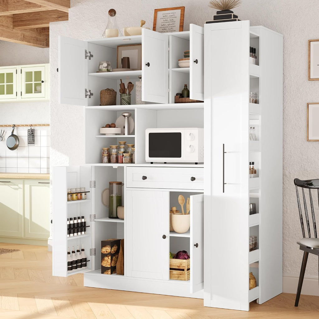 Modern 70inch Kitchen Pantry Storage Cabinet Cupboard with Hutch, Freestanding Buffet with Pull-Out Side Cabinet and Drawer for Living Room, Kitchen (White-99a)