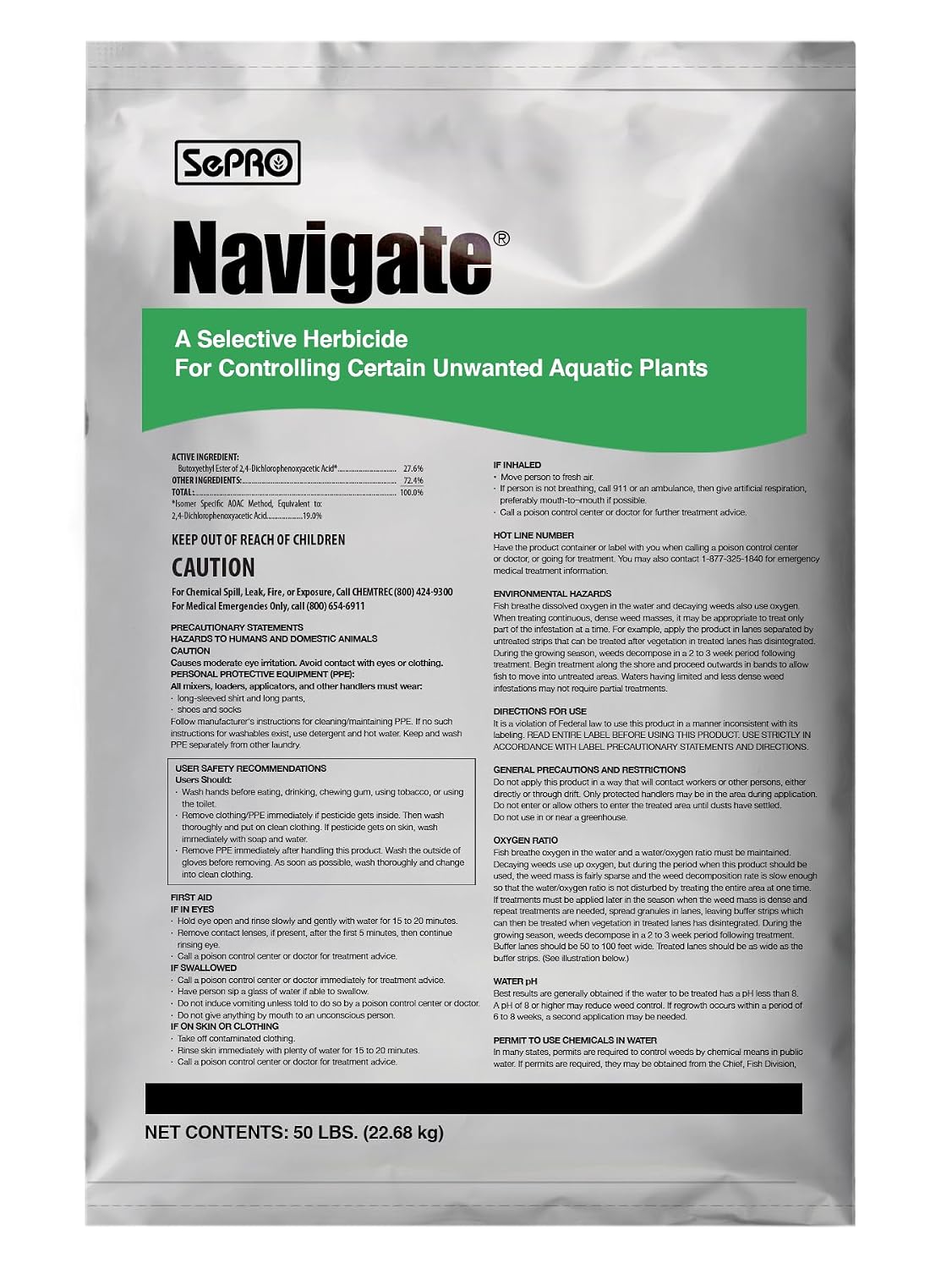 Navigate Granular Aquatic Herbicide - 50 lbs EPA-Approved Systemic Weed Control for Eurasian Milfoil, Water Lily, Bladderwort, etc. Pro Grade - Spot Treatment