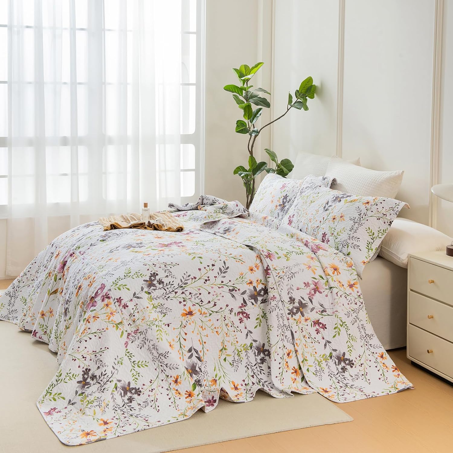 Sanracie California King Quilt Bedding Set(118'x106'), 100% Cotton Floral Aesthetic Bedspread Sets 3Pcs Soft Lightweight Yellow Wild Flower Botanical Printed Pattern Coverlet Set