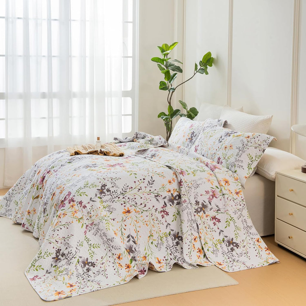 Sanracie Oversized King Bedspread(128'x120'),100% Cotton Floral Quilt Set Extra Wide 3Pcs Lightweight Summer Yellow Wild Flower Botanical Printed Pattern Bedding Coverlet California King Size