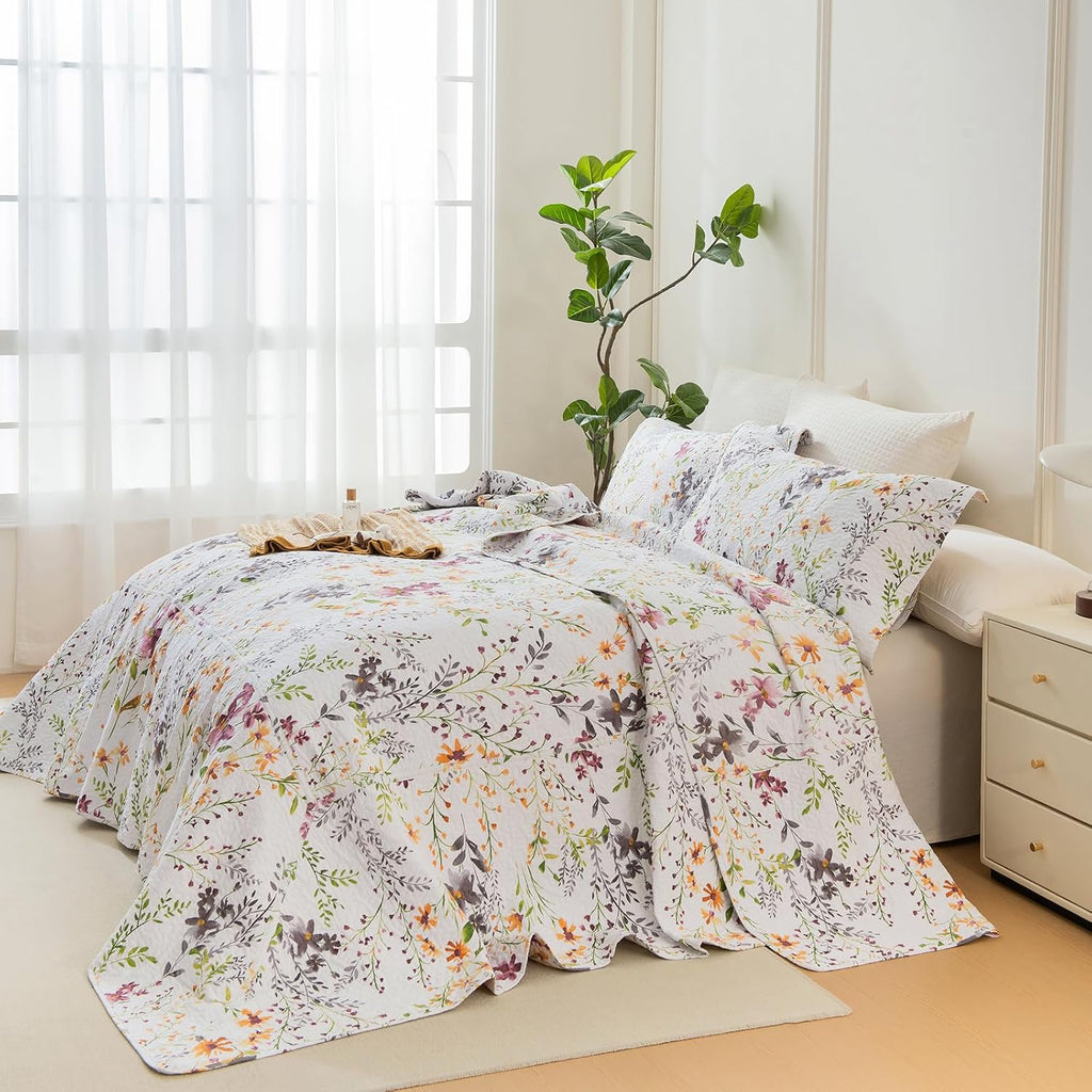 Sanracie Oversized King Bedspread(120'x120'),100% Cotton Floral Quilt Set 3Pcs Soft Lightweight Yellow Wild Flower Botanical Printed Pattern Oversized King Quilt Bedding Coverlet for All Seasons